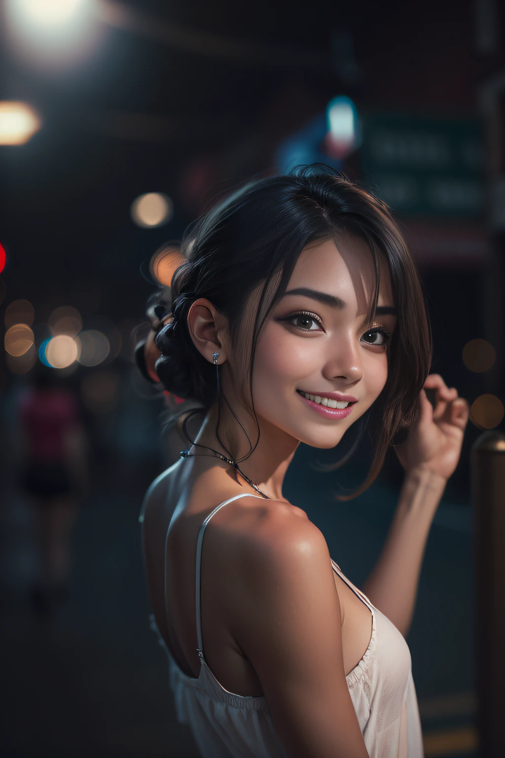 1girl, idol, model, depth of field, photo, film, face, skinny, smile, collarbone, teeth, movie, camisole, selfie, night,