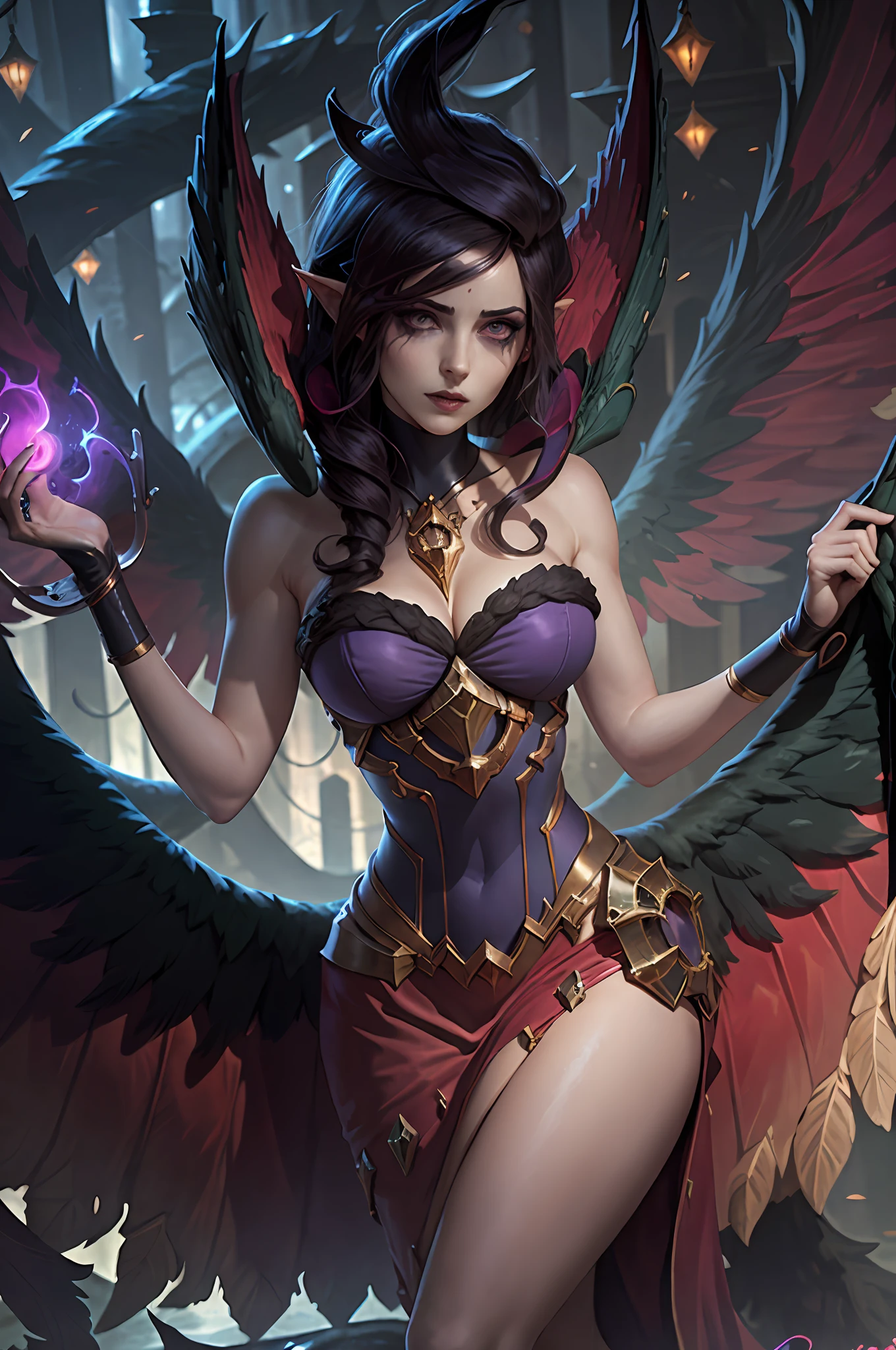 Morgana League of Legends, mature, dark ambient, huge breast, portrait