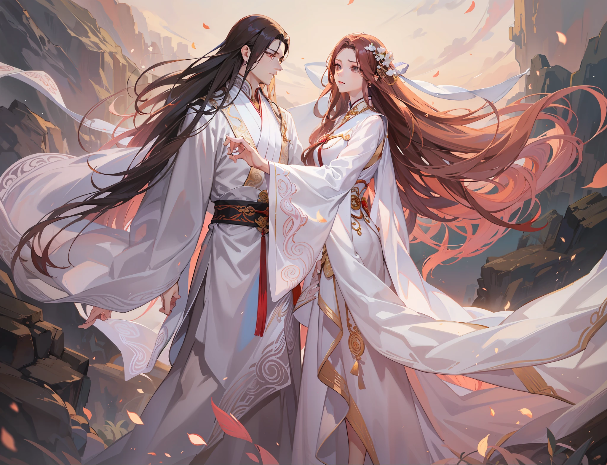couple, man and woman, extremely handsome guy with long brown hair and white outfit and no facial hair, extremely beautiful woman with long pink hair, xianxia clothing, xianxia, fantasy, wuxia, dramatic and romantic pose, dramatic lighting, dramatic and dynamic angle, masterpiece, best quality