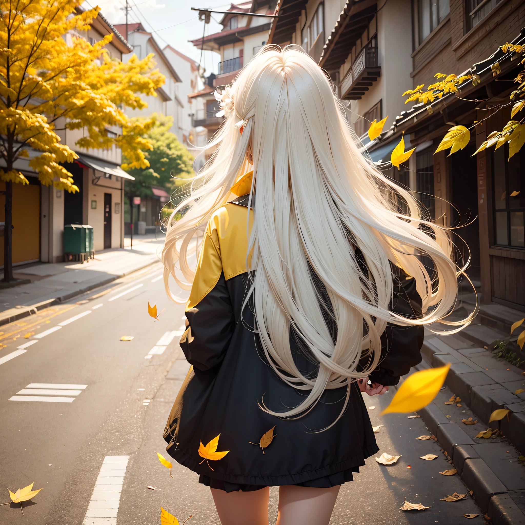 The back of the girl，the street，long whitr hair，Retro，nostalgia。Street，yellow tint。falling leaf，Anime style --auto