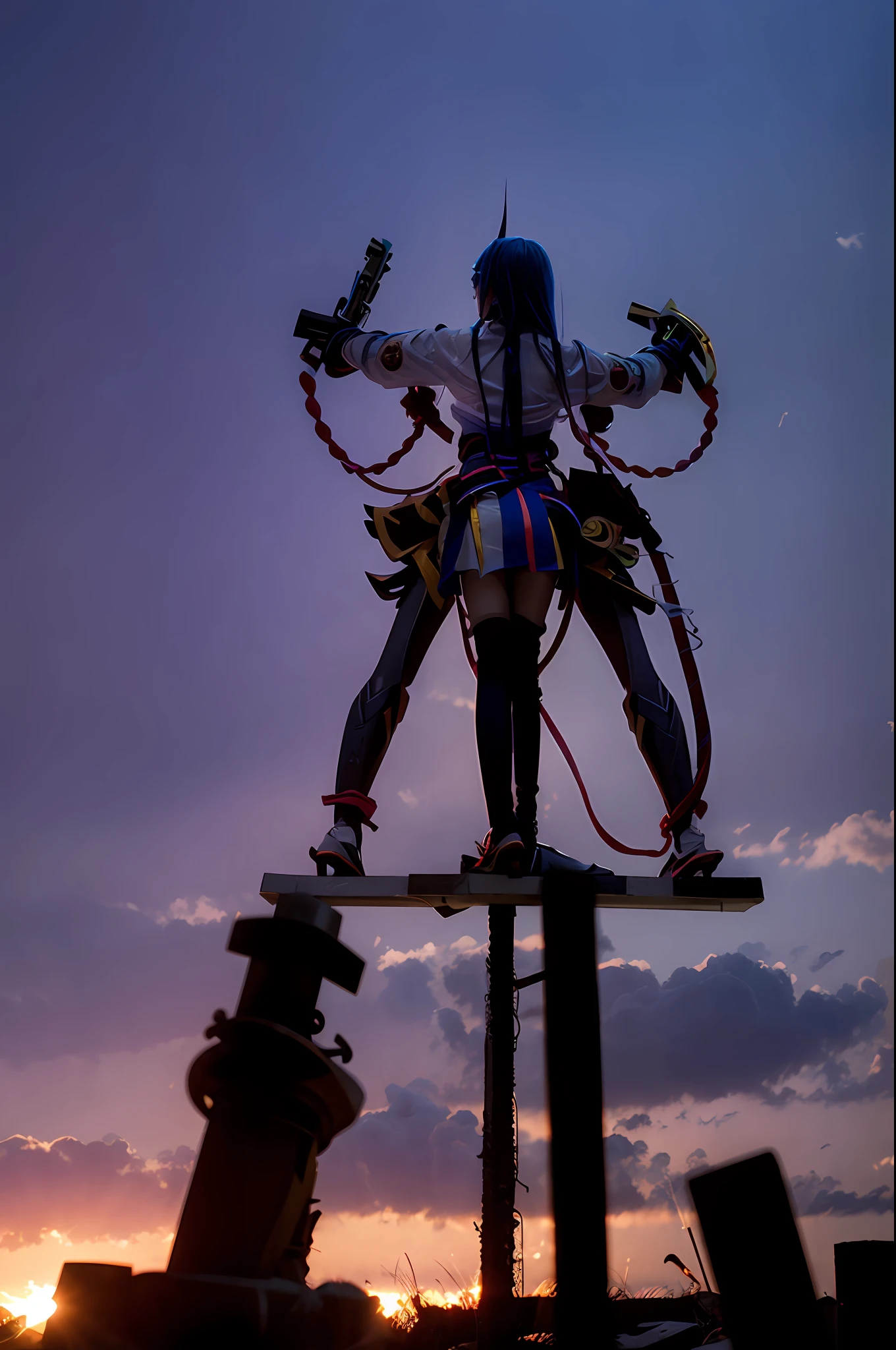 background is the ruins，Sunset，short detailed hair，standing on ruins，holding a gun in her hand，Bring headphones，Handsome，Body mech set，Mecha behind him，anime figure