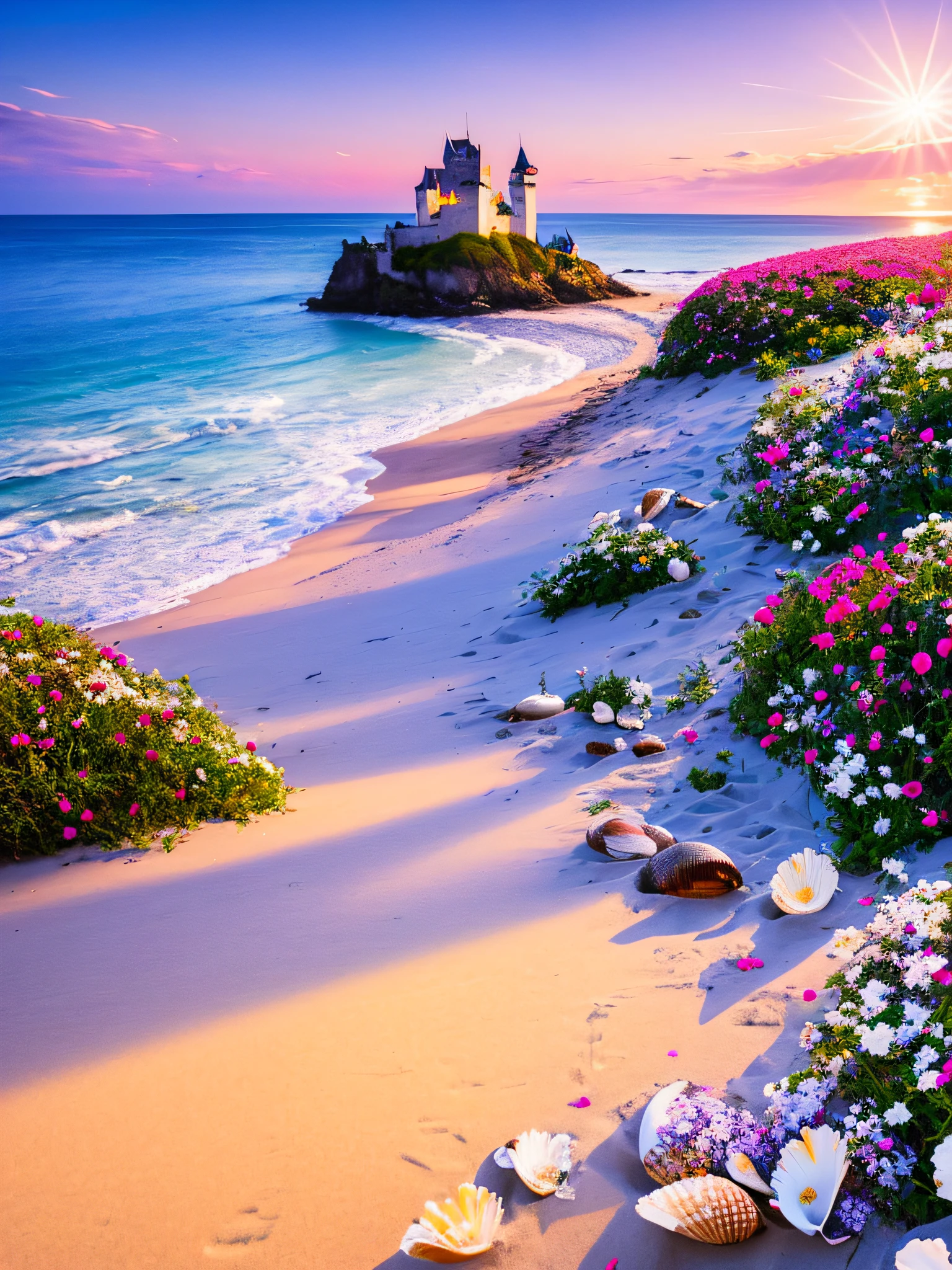 castle, flowers, delicate scene, sky,white clouds,and sunlight shine on the snow-white beach. flowers roses and shiny large shells,  diamond crystal, on the beach, fantasy, sky night , moon, smoke , fire, photo, HD, 8K ,