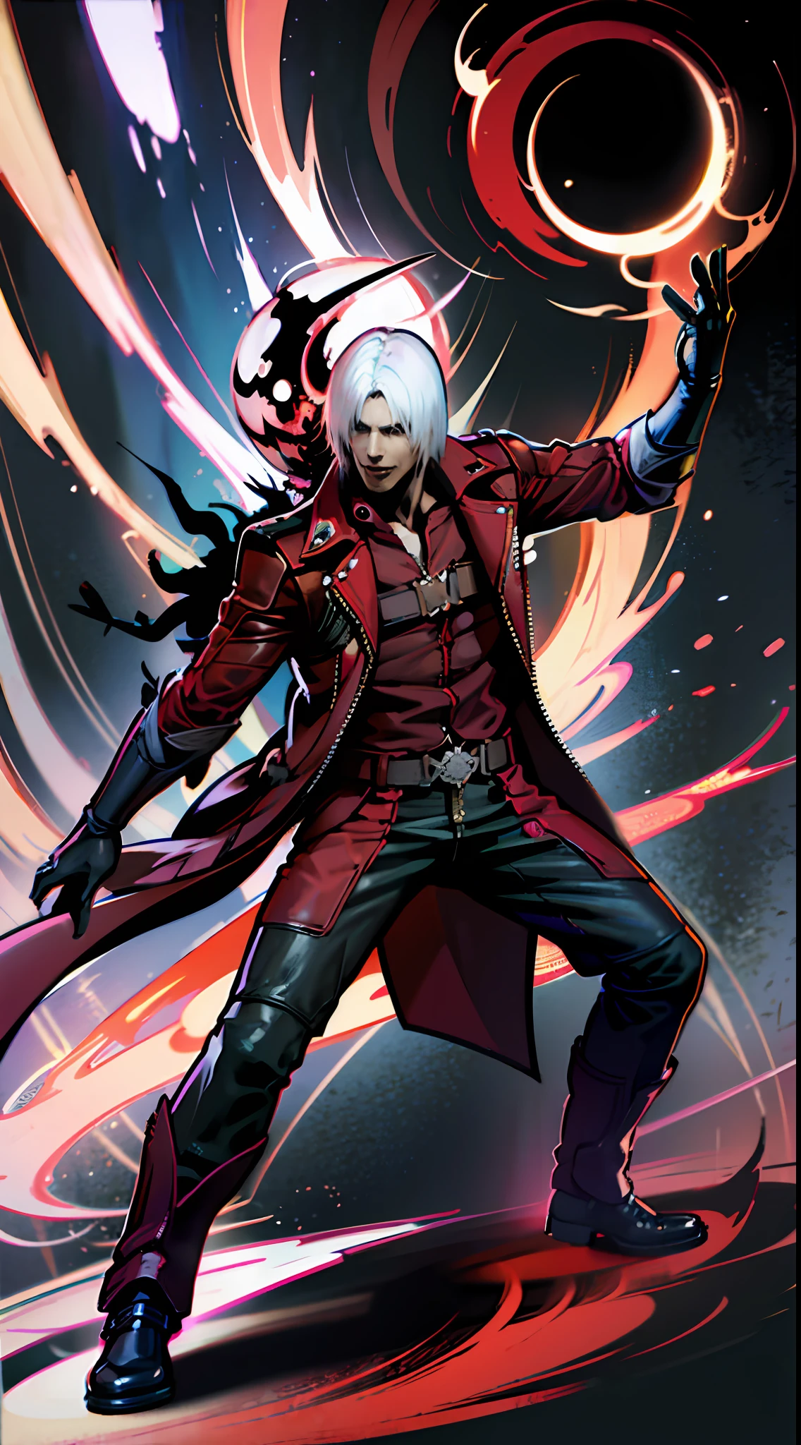 Dante, 30 aged, dark and red aura, holding flaming sparda, fire walking, destroied cenary