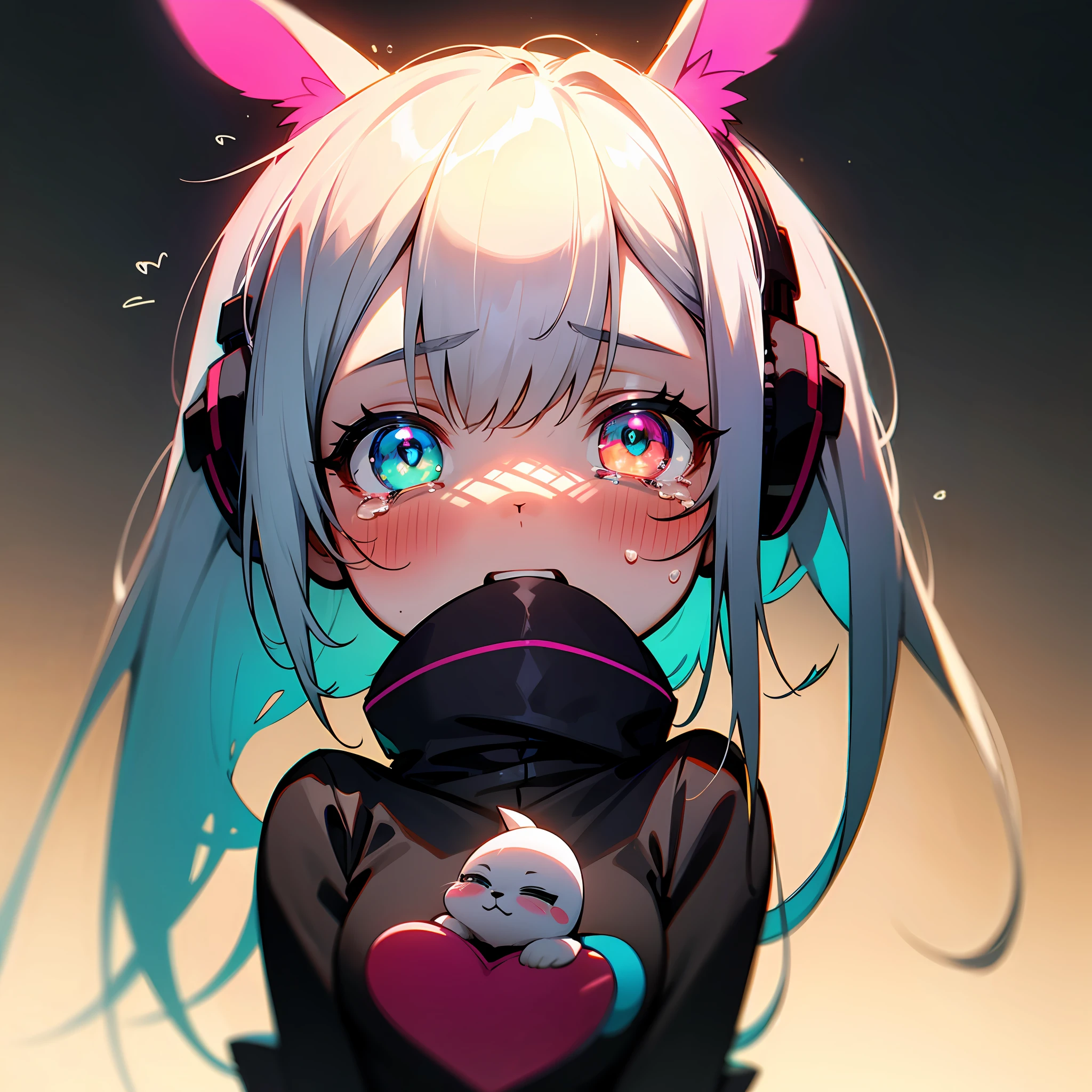 gradient hair, silver hair, white hair, bangs, hair over shoulder, mullet, mole under eye, heart-shaped pupils, gradient eyes, aqua eyes, crying with eyes open, glowing eyes, heterochromia, cat ear headphones, rabbit ears, shy, blush, full blush, heart in eye, naughty, yandere, saliva trail, Surrealism, high detail, American propaganda poster, chiaroscuro, chiaroscuro, wide shot, from below, 16k, highres, high quality, high details, super detail --auto