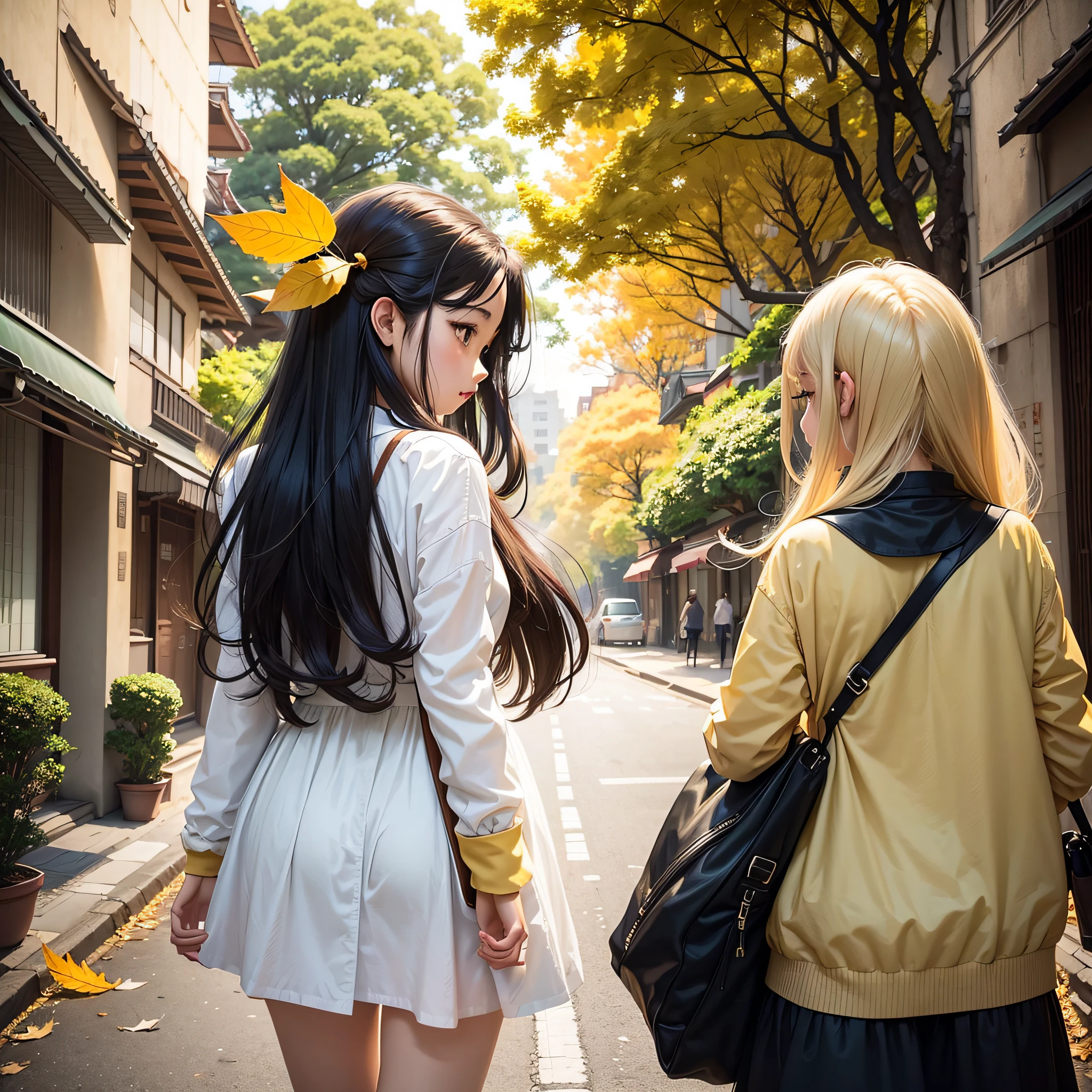 The back of the girl,the street,long whitr hair,Retro,nostalgia。Street,yellow tint。falling leaf,Anime style --auto