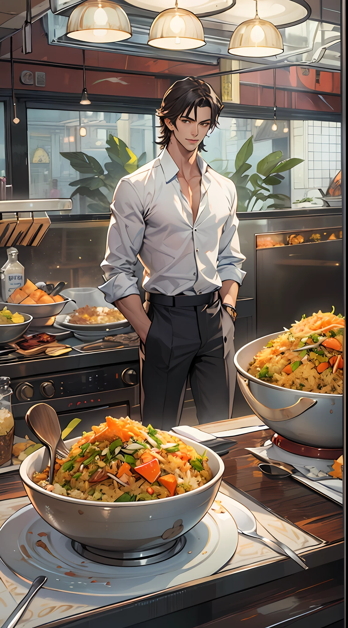 A tall, handsome man stands in front of a restaurant with a microphone，Point to a dish of fried rice in front of you，The fried rice is topped with a variety of high-end ingredients and garnishes，Looks very luxurious。 ,16k, Best quality, Masterpiece, Super detail, High details