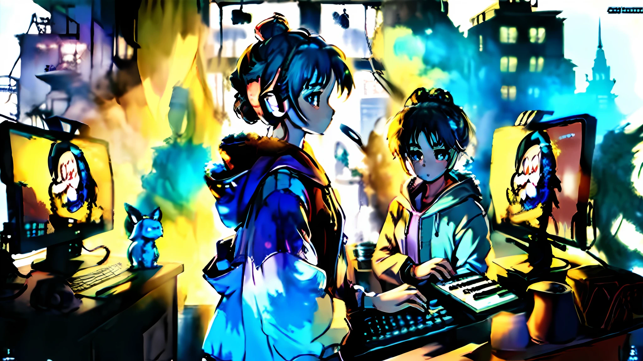 masterpiece,best illustration,solo,1girl,sitting,hair bun,keyboard \(computer\),fur trim,computer,monitor,hood,jacket,hood down,chair,headphones,city,double bun,instrument,cyberpunk, a small wooden toy,\(\(intricate details\)\),colorful details,iridescent colors BREAK,\(\(masterpiece best quality\)\),4k,ultra detailed,detailed lighting,\(\(inspired by Hayao Miyazaki\)\),official art,promotional art,composition,