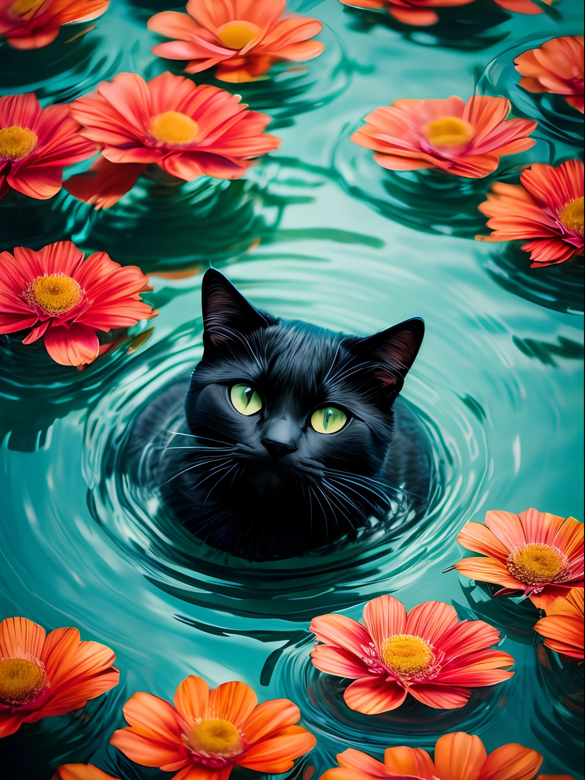 Pet photography.Black cat swimming in the center of the picture, Under the water, It has black fur,Smiled, Surrounded by flowers, art by Rinko Kawauchi, Realisticstyle,fisheyelens, Soft light, Clear water, Photography, analog film, Super detail, Fantastic Loepfe photography, Colourful, voluminetric lighting, Shot on Kodak Chrome, shot on fujifilm XT4,Rich in detail, 8k --ar 3:4 --auto