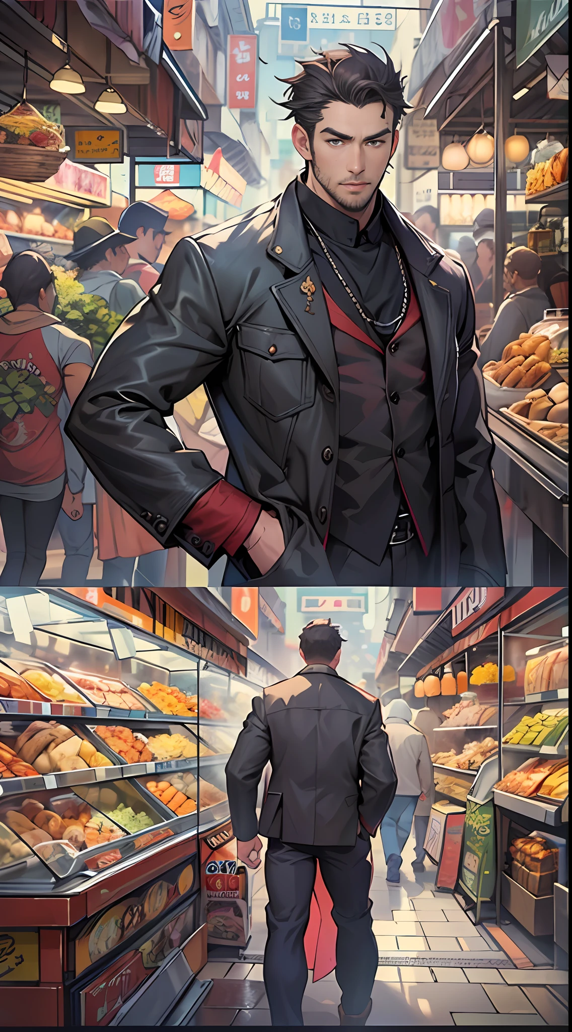 A tall, Slightly plump, Handsome man standing on a busy food street. He wears fashionable clothes,Take it(Camera:1.2), It is surrounded by various food stores and crowded streets. ,16k, Best quality, Masterpiece, Super detail, High details