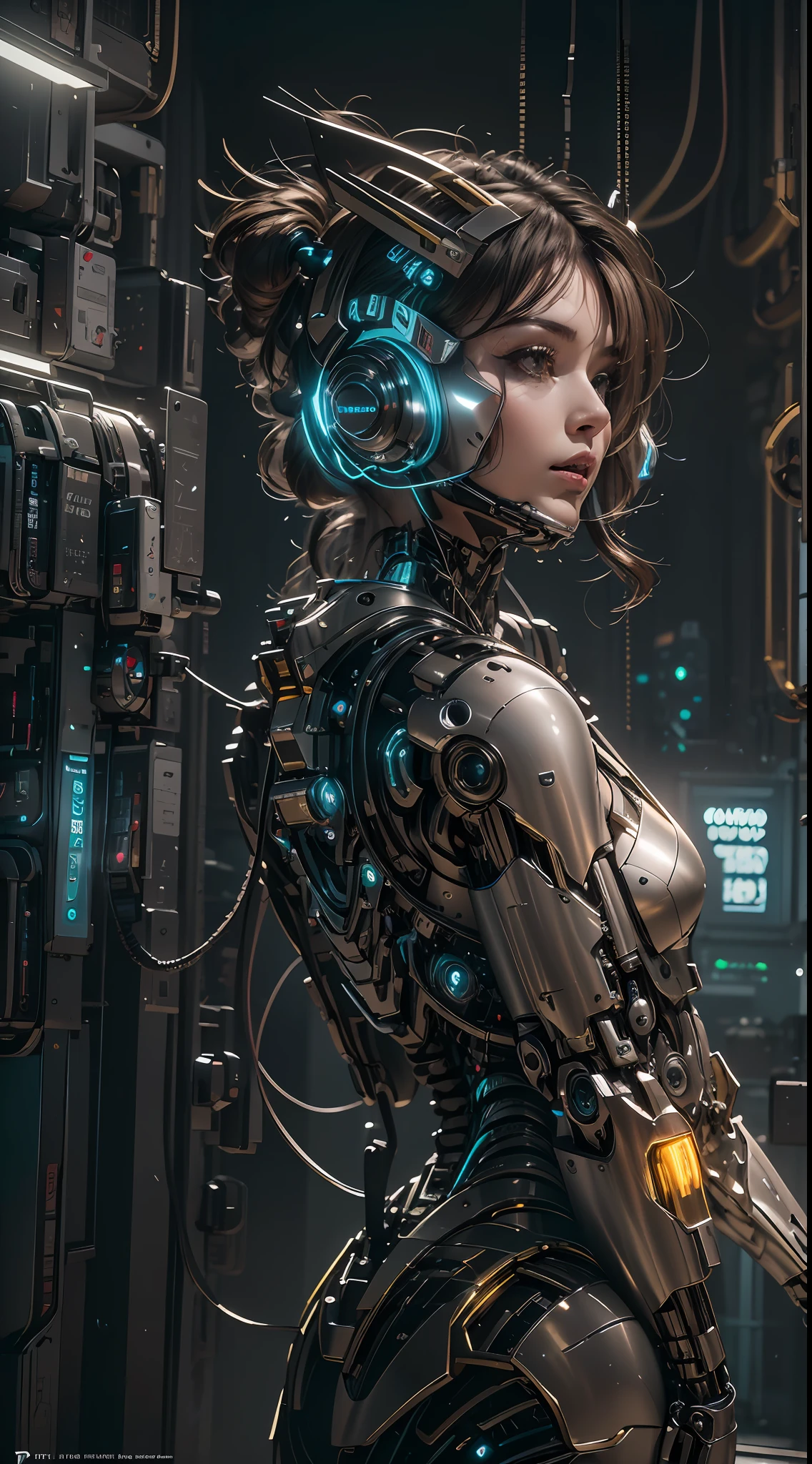 1girll，Perfect facial features，delicated face，Mecha，(cyber punk perssonage:1.3)，Put on a black-gold titanium mech，Bring headphones，shelmet，Super complex helmets and headphones，Illuminated helmet and headphones，glowing jewelry，Glowing earrings，Glowing necklace，inside in room，Electronic wire background，best qualtiy，tmasterpiece，Movie filter presets，movie level lighting，c4d渲染，rendering by octane，Realistic metal surface，((Brushed metal surface texture))，((with light glowing))，Glow，(fully body photo:1.5)，(Mechanical heels)，High chiaroscuro，