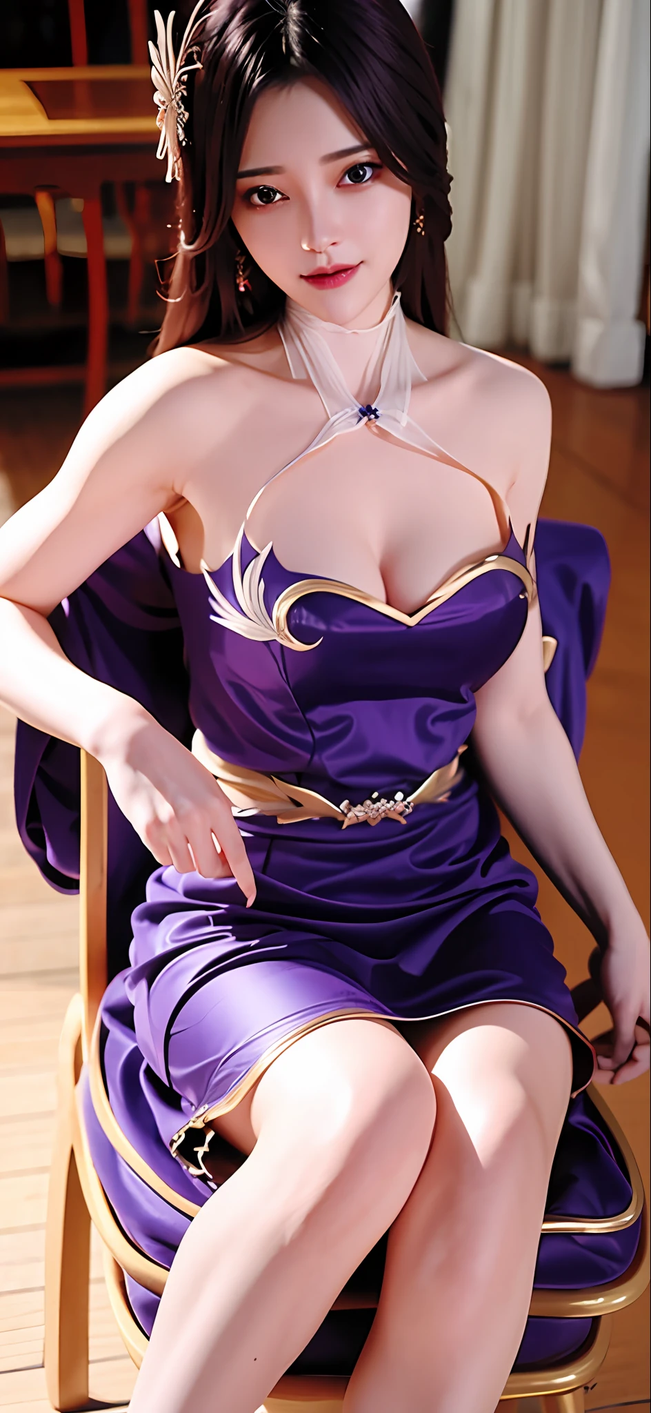 Masterpiece, best quality, 1girl, yun xi, realistic, ultra detail, black hair, purple eyes, purple clothes, sit on the chair, perfect body, full body, smile,