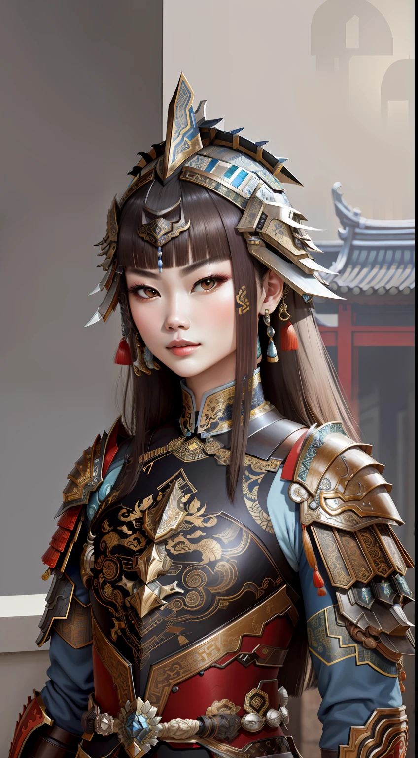 China-style，Beautiful face，Armour，Metal animal motif，Large metal beast head and shoulder armor，Metal edges，Textured，Pattern，Pedras preciosas，Refinement，Fine painting，Refinement，infinite details