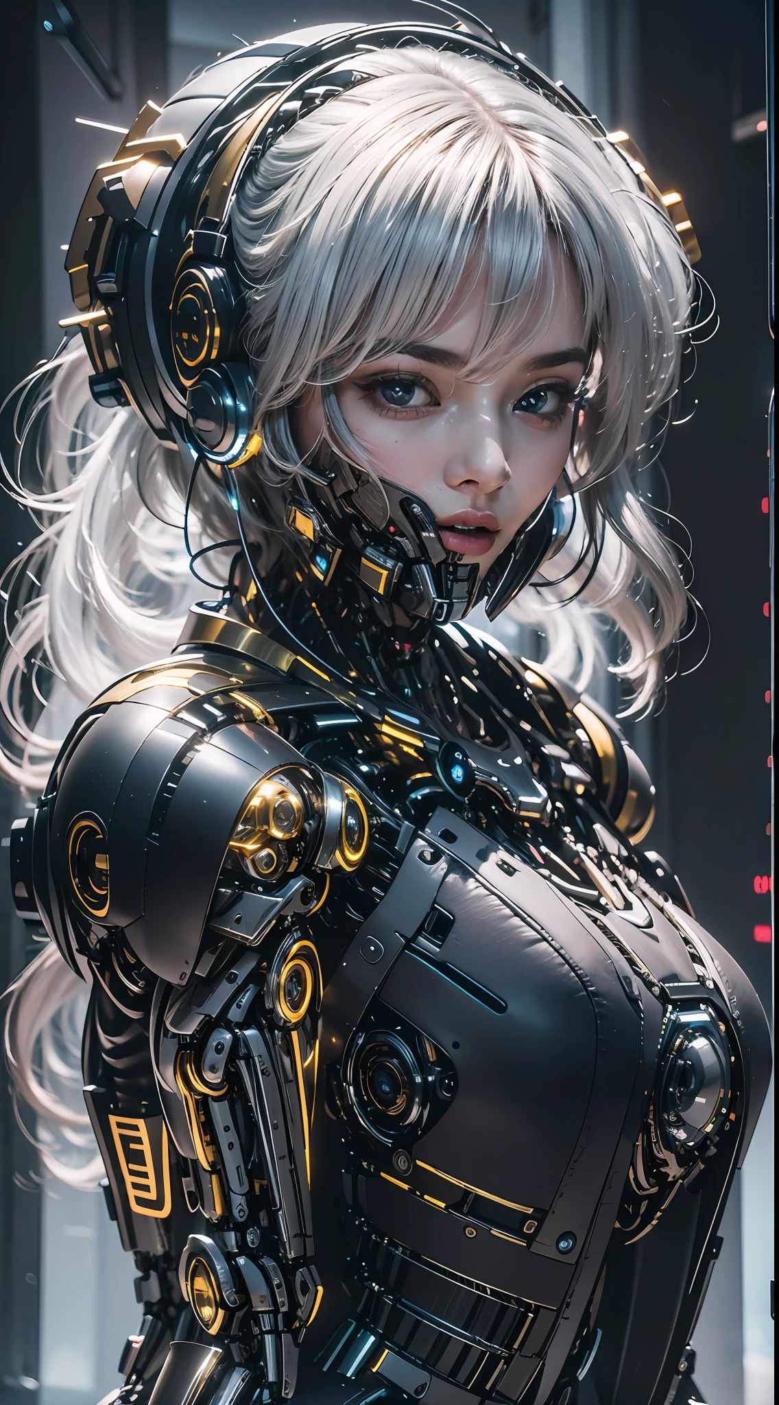 1girll，Perfect facial features，delicated face，Mecha，(cyber punk perssonage:1.3)，Put on a black-gold titanium mech，Bring headphones，shelmet，Super complex helmets and headphones，Illuminated helmet and headphones，glowing jewelry，Glowing earrings，Glowing necklace，inside in room，Electronic wire background，best qualtiy，tmasterpiece，Movie filter presets，movie level lighting，c4d渲染，rendering by octane，Realistic metal surface，((Brushed metal surface texture))，((with light glowing))，Glow，(fully body photo:1.5)，(Mechanical heels:1.5)，High chiaroscuro，