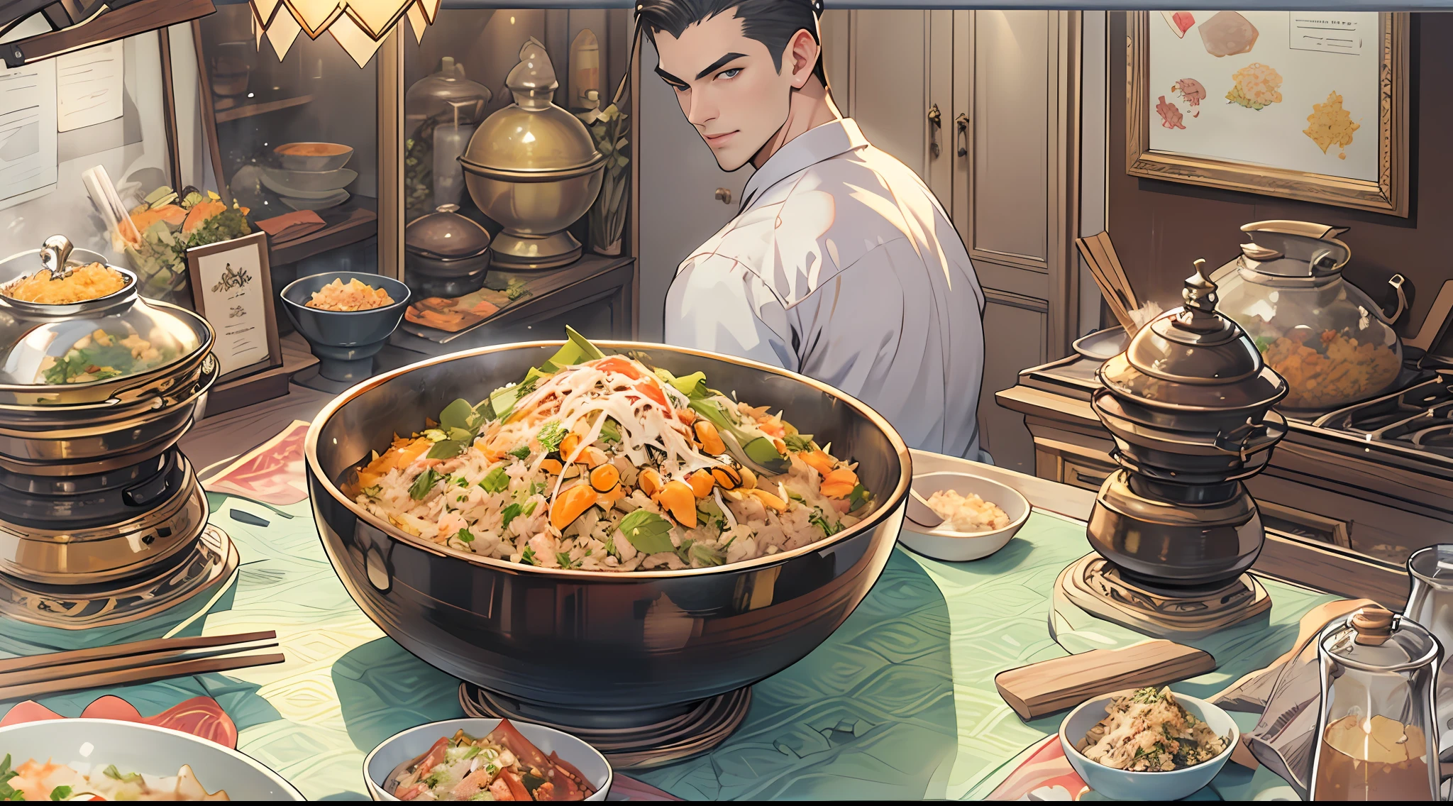 A tall and handsome man held it(microphones:1.2),Stand in front of a bowl of fried rice. (fried rice:1.3)It is filled with a variety of high-end ingredients and decorations. Looks luxurious. ,16k, Best quality, Masterpiece, Super detail, High details