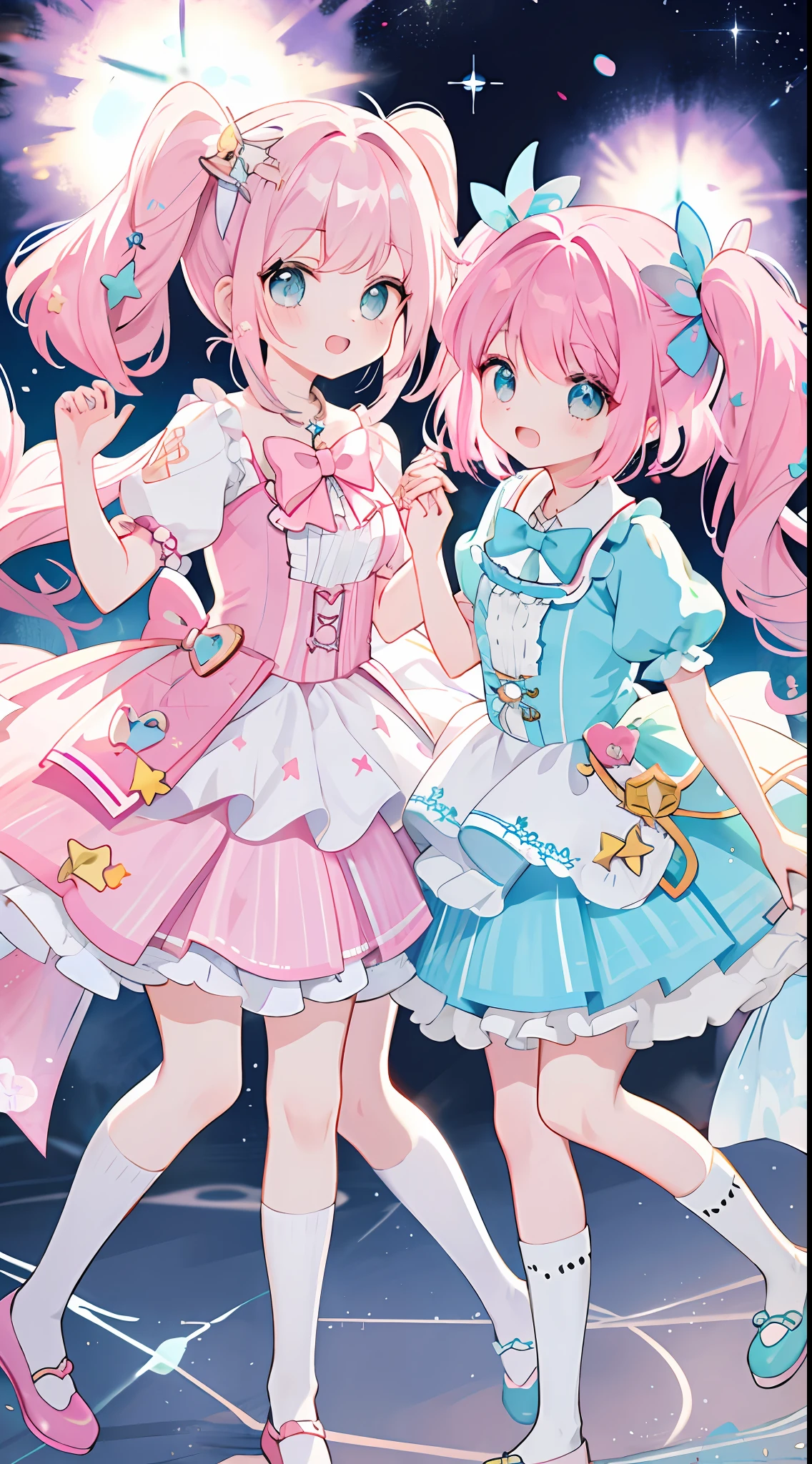 twinsies、Pink hair、light blue eyes、Twin tails for only one、Holding hands、Magic Street、Idol costumes、masterpiece、top-quality、Top image quality