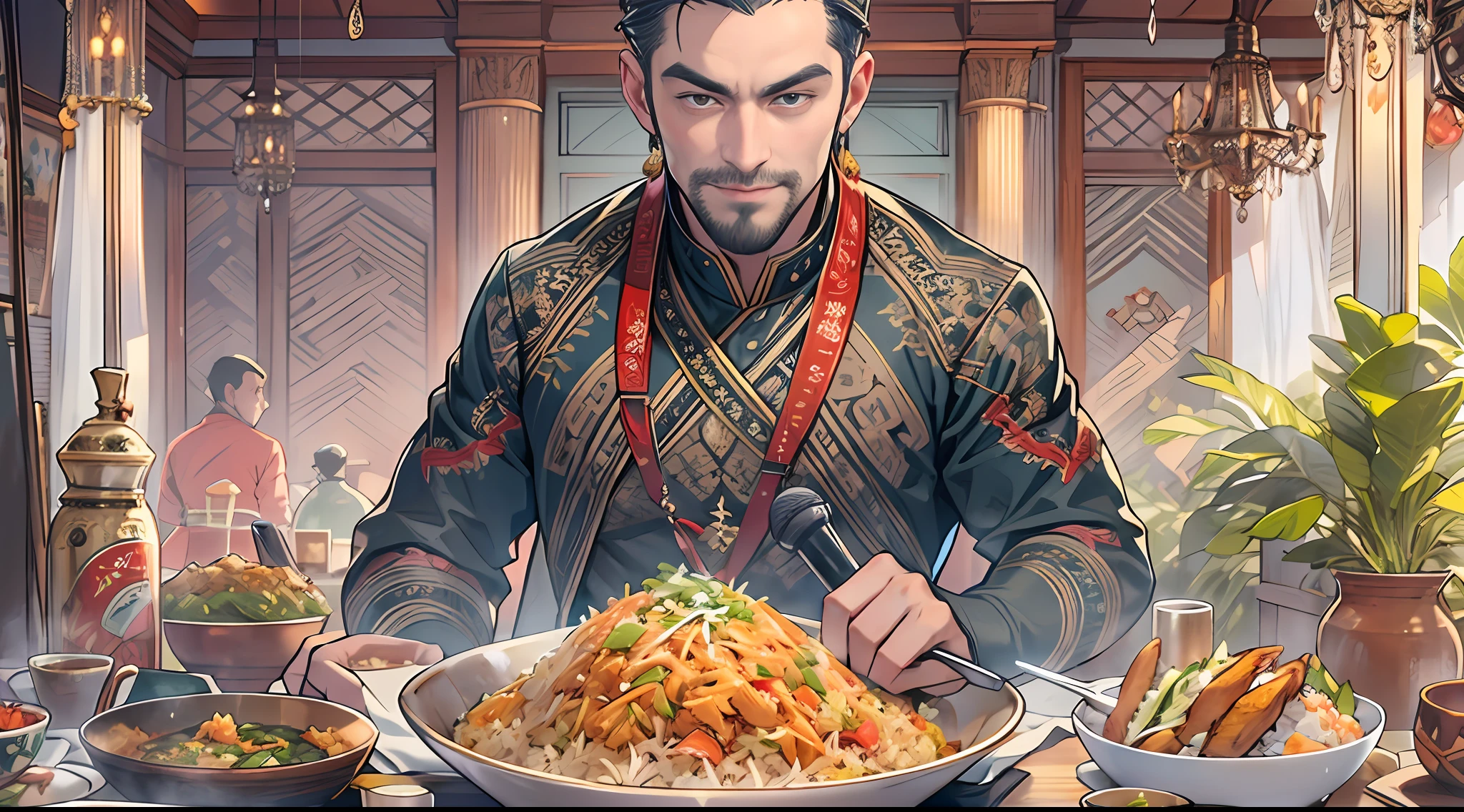 A tall and handsome man held it(microphones:1.2),Stand in front of a bowl of fried rice. (fried rice:1.3)It is filled with a variety of high-end ingredients and decorations. Looks luxurious. ,16k, Best quality, Masterpiece, Super detail, High details