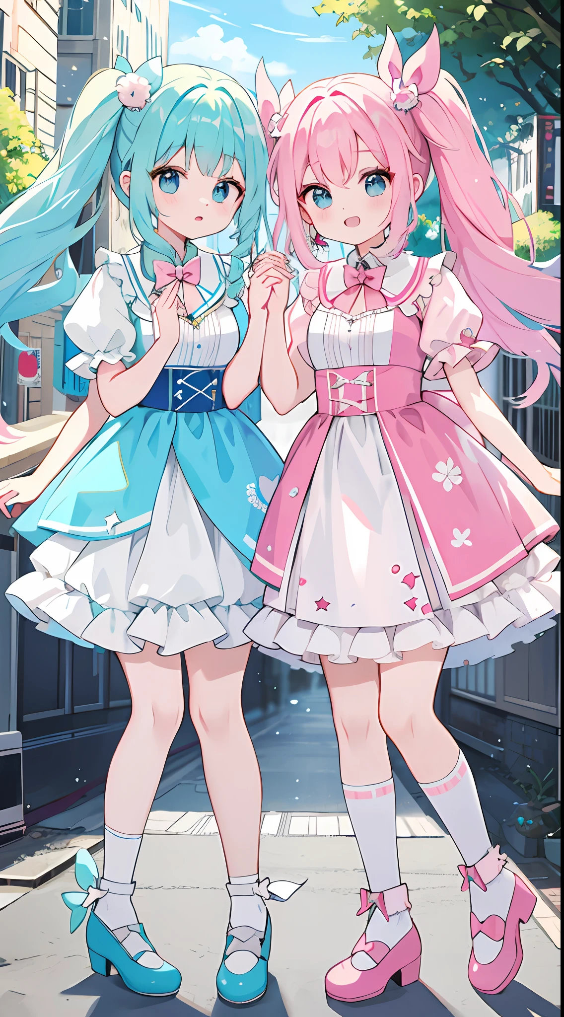 twinsies、Pink hair、light blue eyes、Twin tails for only one、Holding hands、Magic Street、Idol costumes、masterpiece、top-quality、Top image quality