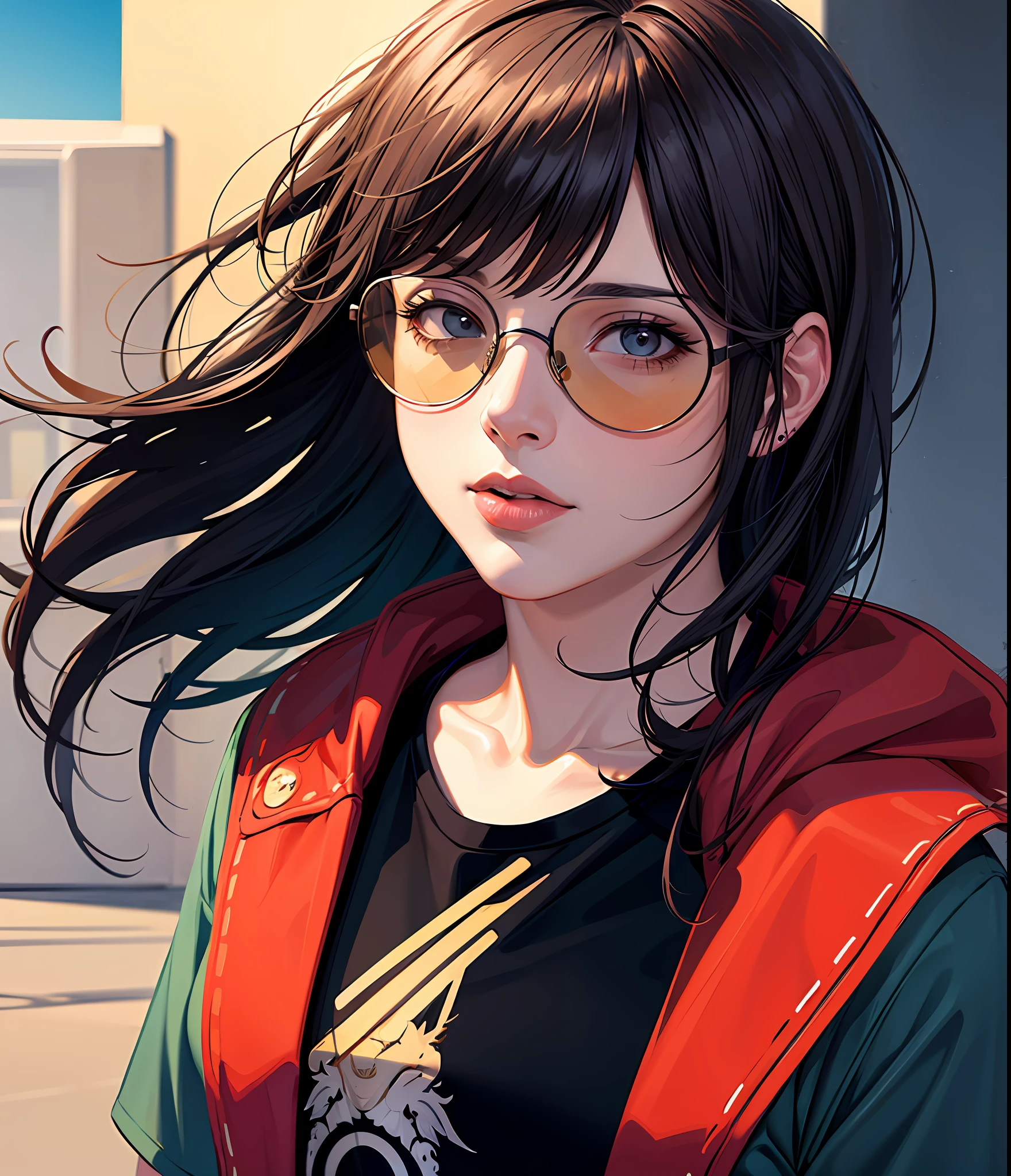 (masterpiece, best quality:1.3), volumetric lighting, realistic Illustration, 1 mature woman, sun glasses, (flat color:1.3), t-shirt, absurdres,