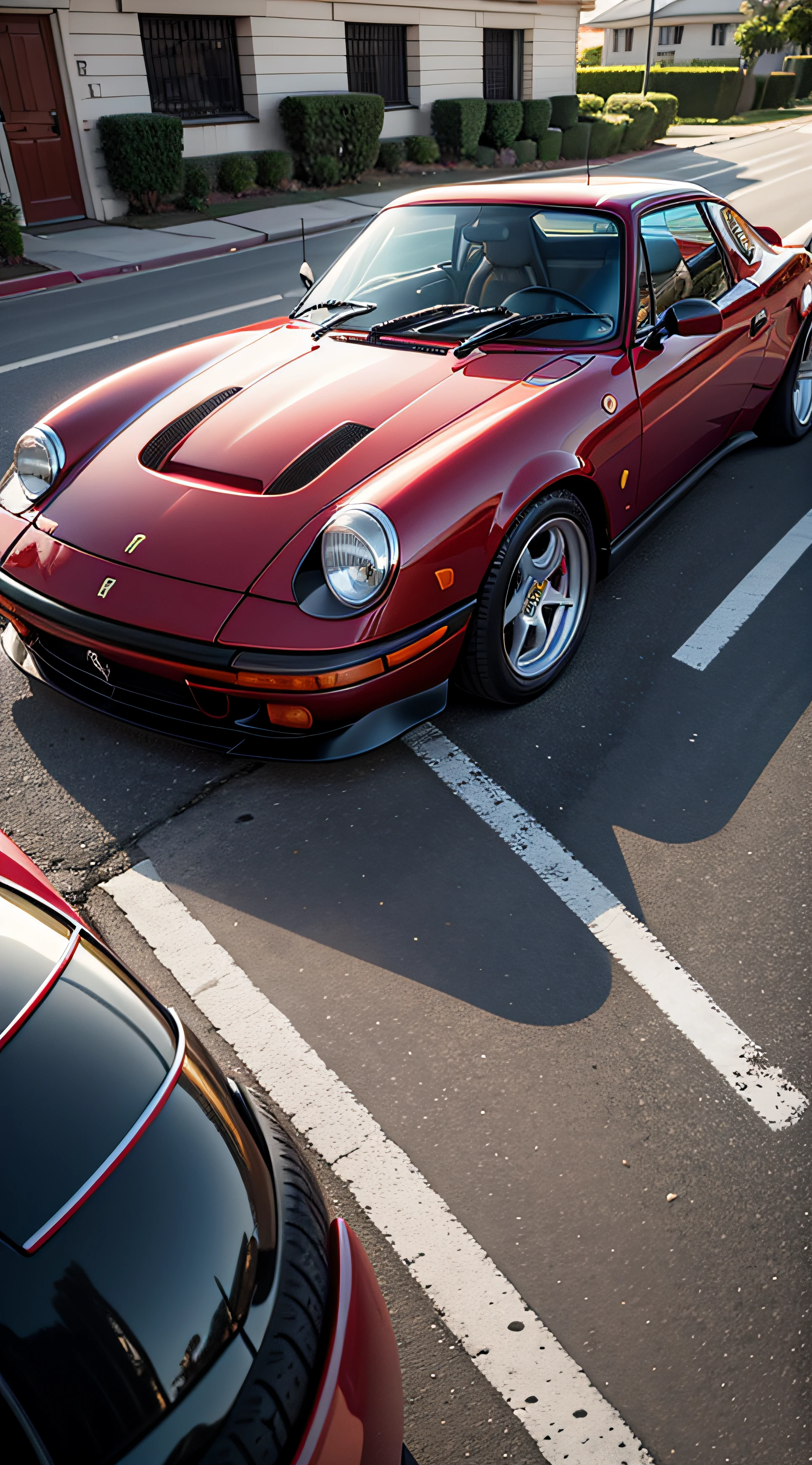 Uma foto de um porche 914 cor vermelho ferrari em uma moldura de madeira --auto