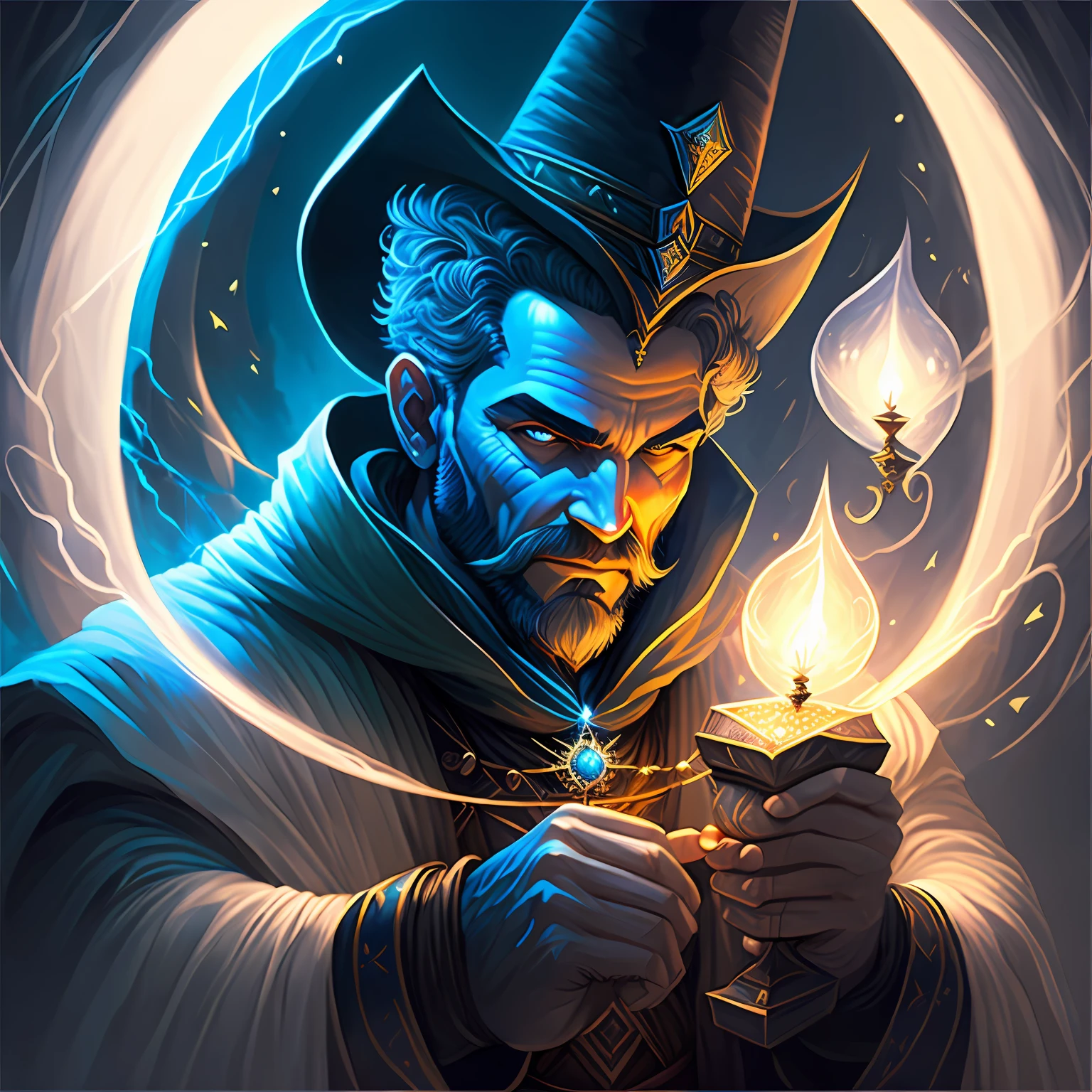 um close up de uma pessoa segurando uma bola com um raio saindo dela, an arcane wizard casting a spell, he is casting a lighting spell, com poderes de magia negra, spell casting, Neoartcore e Charlie Bowater, casting a powerful spell, spell casting wizard, com preto. magical powers, Guilherme H. Pongiluppi, Portrait of a Magician with a painting of a giant monster made entirely of stone with a blue light on the head, concept art magical highlight, Colosso de pedra permanece, fractal thunder in the background --auto