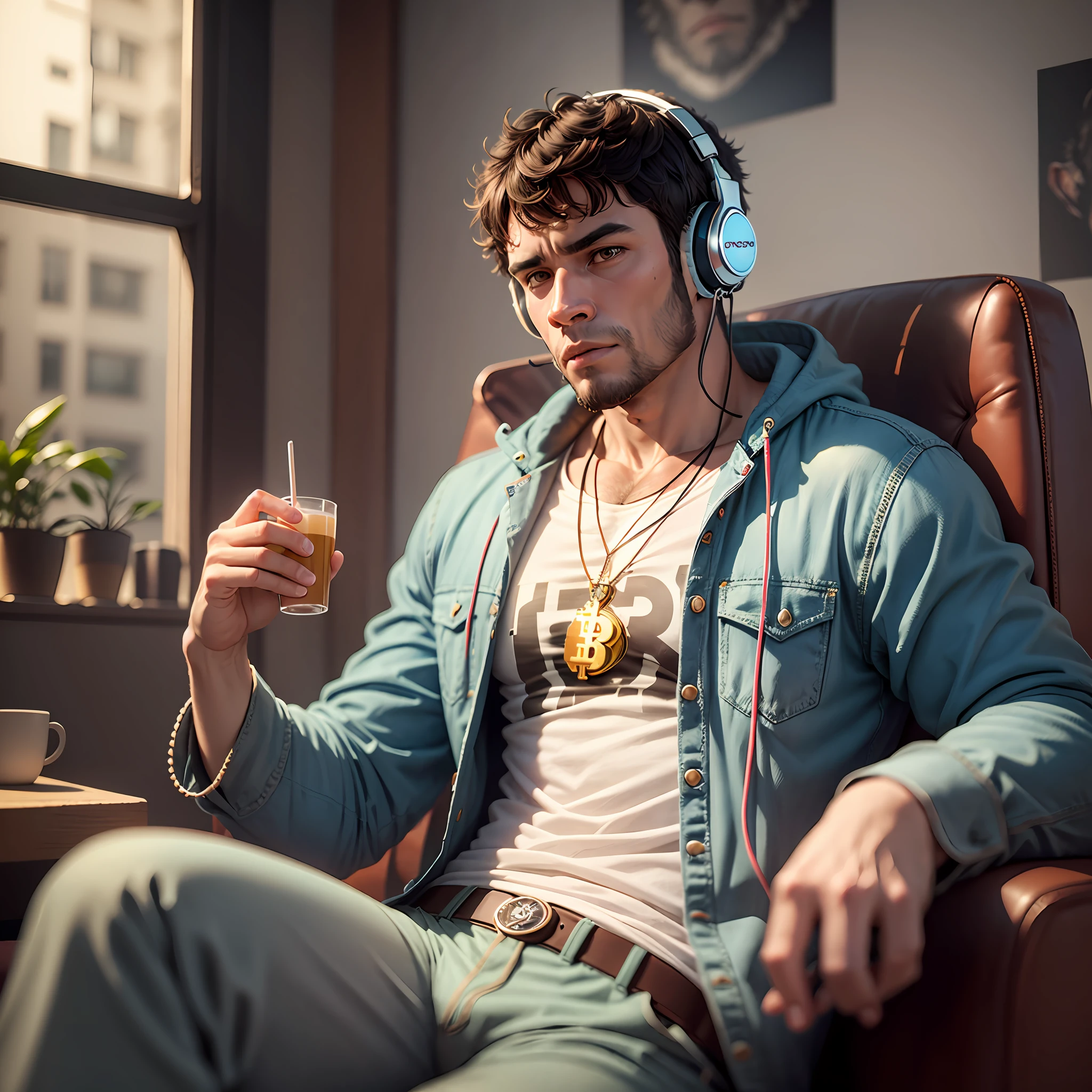 gorilla sitting in an armchair, with headphones, colorful clothes, bitcoin necklace on his chest, ultra realistic image, 3d, cinema photo