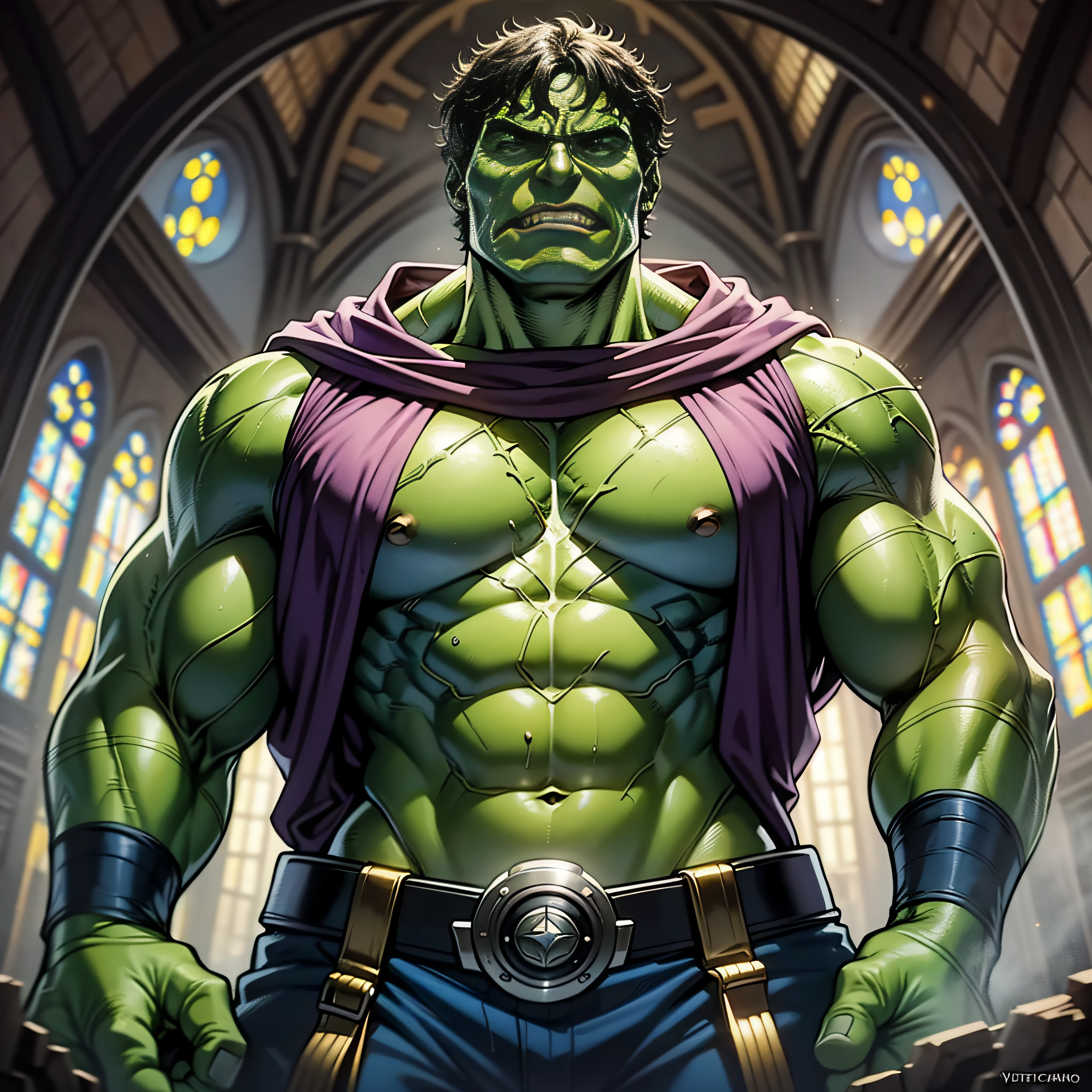 Film photography in Canon 5D , de personaje (((HULk))) gigante, extremadamente musculoso,en una iglesia, vestido de sotana de cura franciscano y encapuchado, ya convertido en hombre verde, Pintura digital de alto detalle, epic portrait illustration, pintura digital