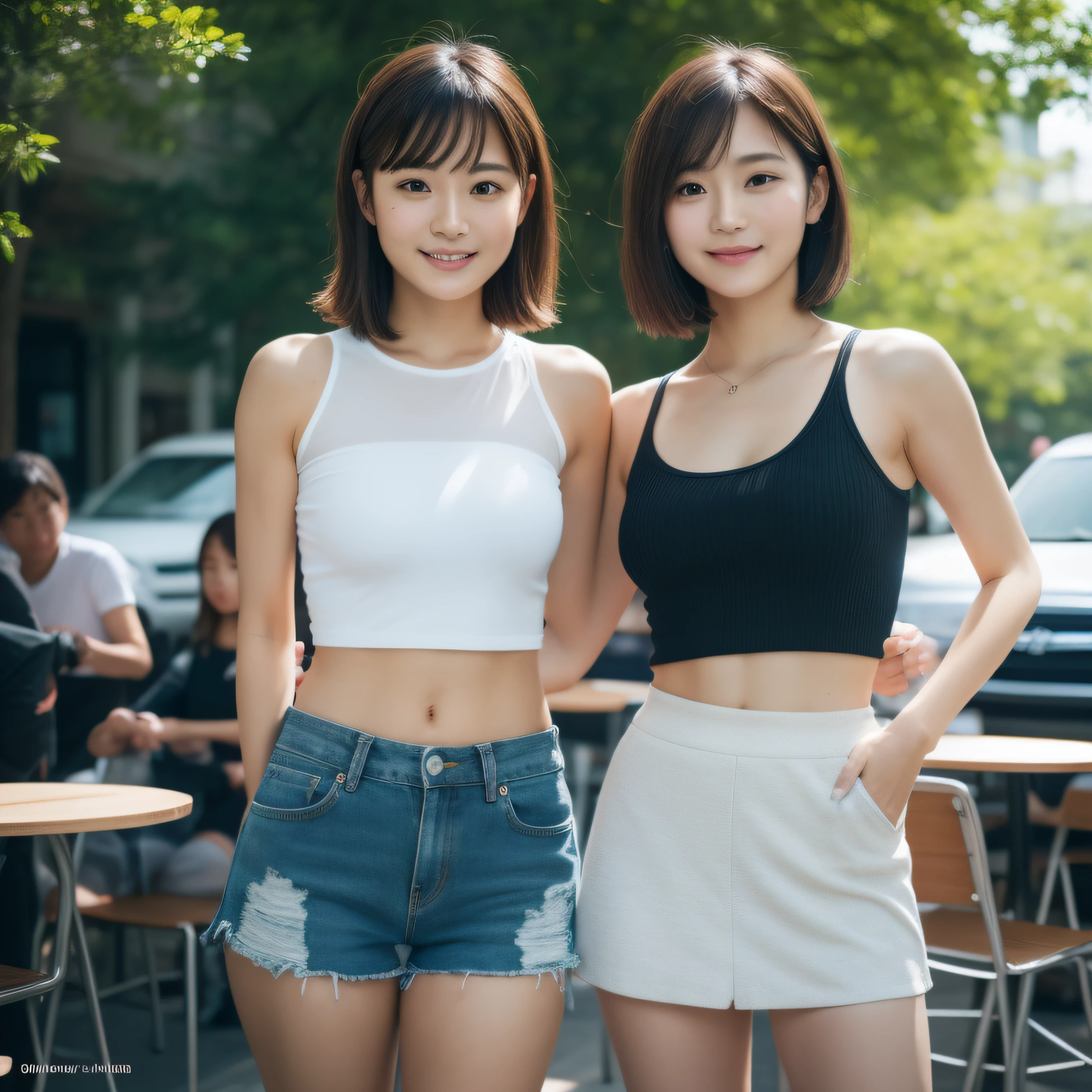 8K, masterpiece, best quality, photo realistic, ultra-detailed, 2 girls, Asian, athletic body, realistic skin texture, 1 girl long hair, 1 girl short hair, (breasts:1.0), (smile:1.0), gaze at viewer, tube top, hot pants shorts, micro mini skirt, movie lighting, face focus, fine eyes, detailed face, well lit face, day light, outdoor cafe in background, nice thighs