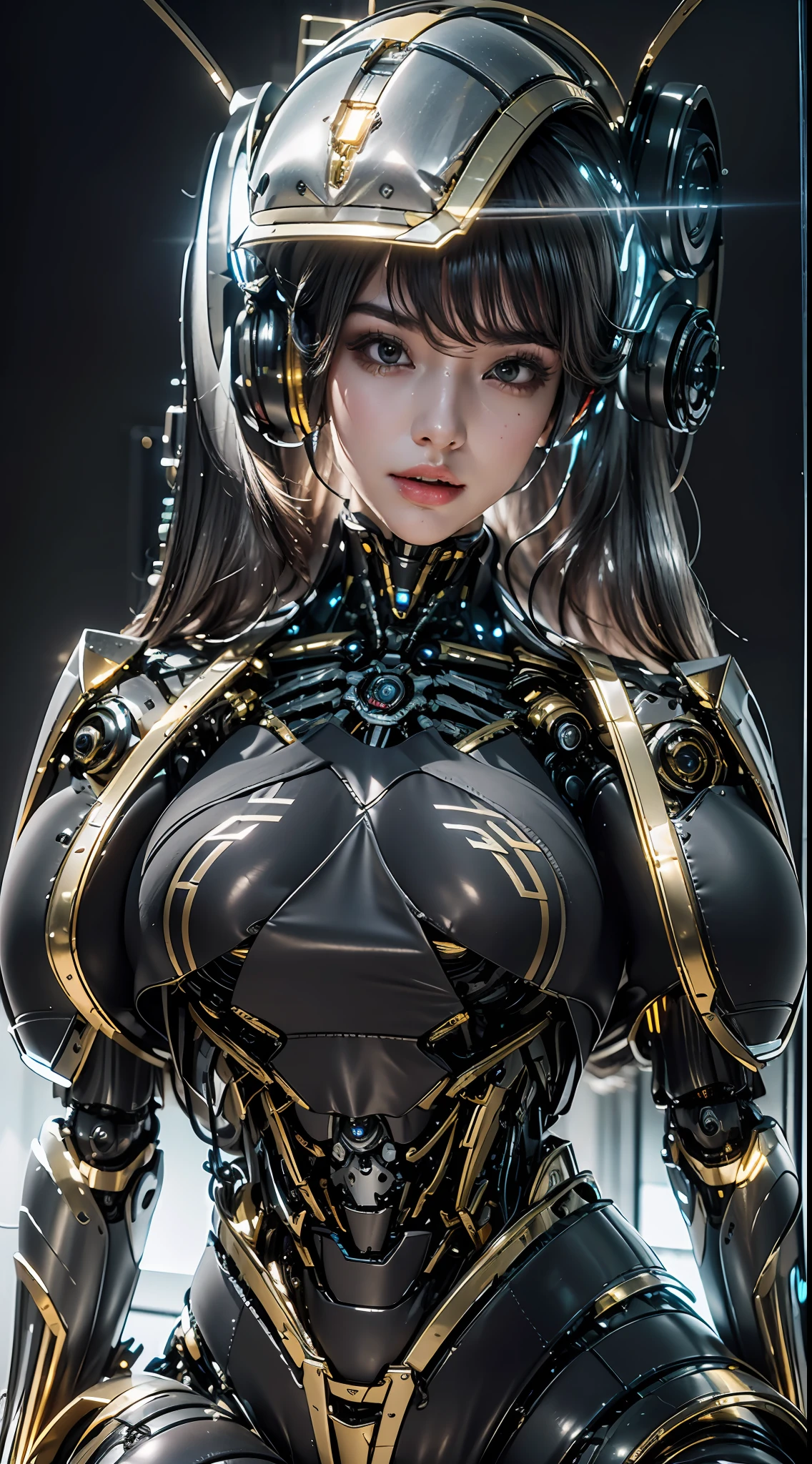 1girll，Perfect facial features，delicated face，Mecha，(cyber punk perssonage:1.3)，Put on a black-gold titanium mech，Bring headphones，shelmet，Super complex helmets and headphones，Illuminated helmet and headphones，glowing jewelry，Glowing earrings，Glowing necklace，inside in room，Electronic wire background，best qualtiy，tmasterpiece，Movie filter presets，movie level lighting，c4d渲染，rendering by octane，Realistic metal surface，((Brushed metal surface texture))，((with light glowing))，Glow，(fully body photo:1.5)，(Mechanical heels:1.5)，High chiaroscuro，