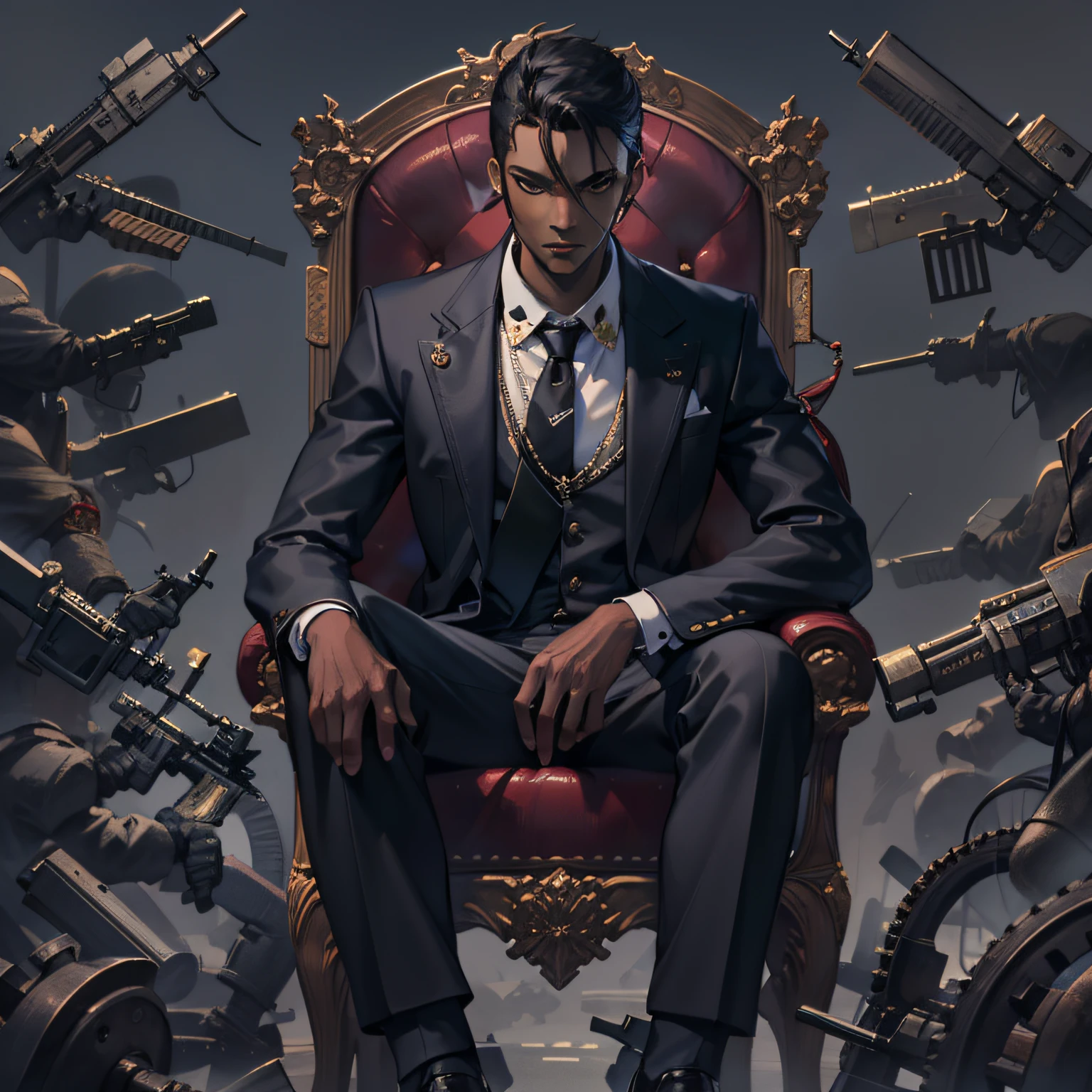 a masterpiece, 1 male, young adult, dark skin, short, low hair, dark eyes, detailed face, good shape, photorealistic, american likes, wearing black suit with tie, with long black coat, sitting on a throne made of weapons, legs crossed, epic stance, good looks, serious face, gray backdrop, looking to the front, good face, no errors