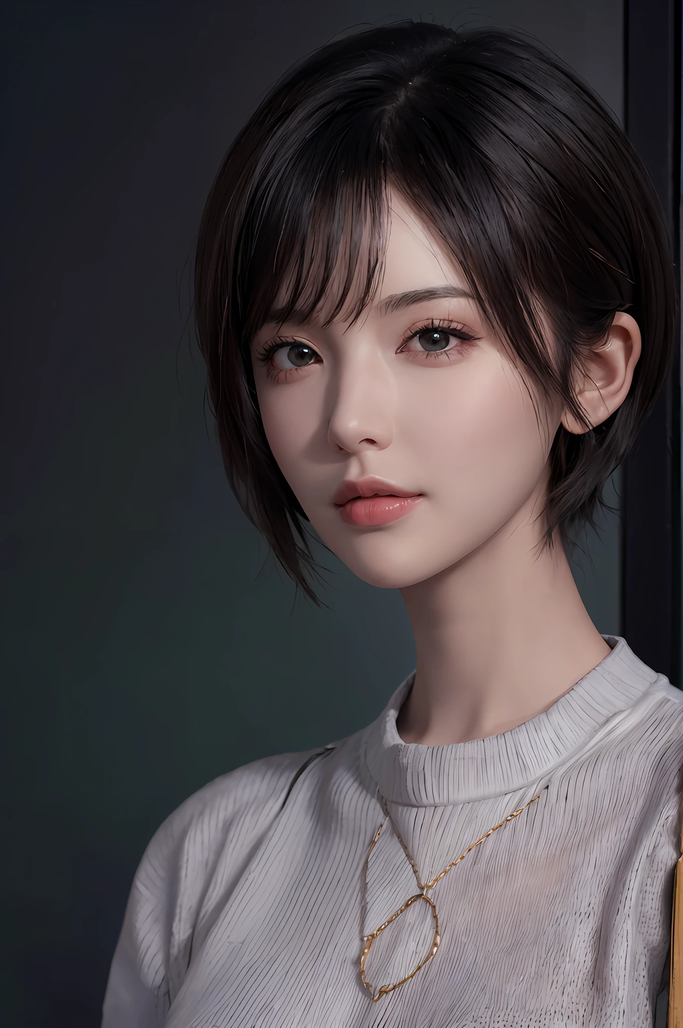 (masterpiece:1.3), (8k, photorealistic, RAW photo, best quality: 1.4), (1girl), beautiful face, (realistic face), (black hair, short hair:1.3), beautiful hairstyle, realistic eyes, beautiful detailed eyes, (realistic skin), beautiful skin, (sweater), absurdres, attractive, ultra high res, ultra realistic, highly detailed, golden ratio