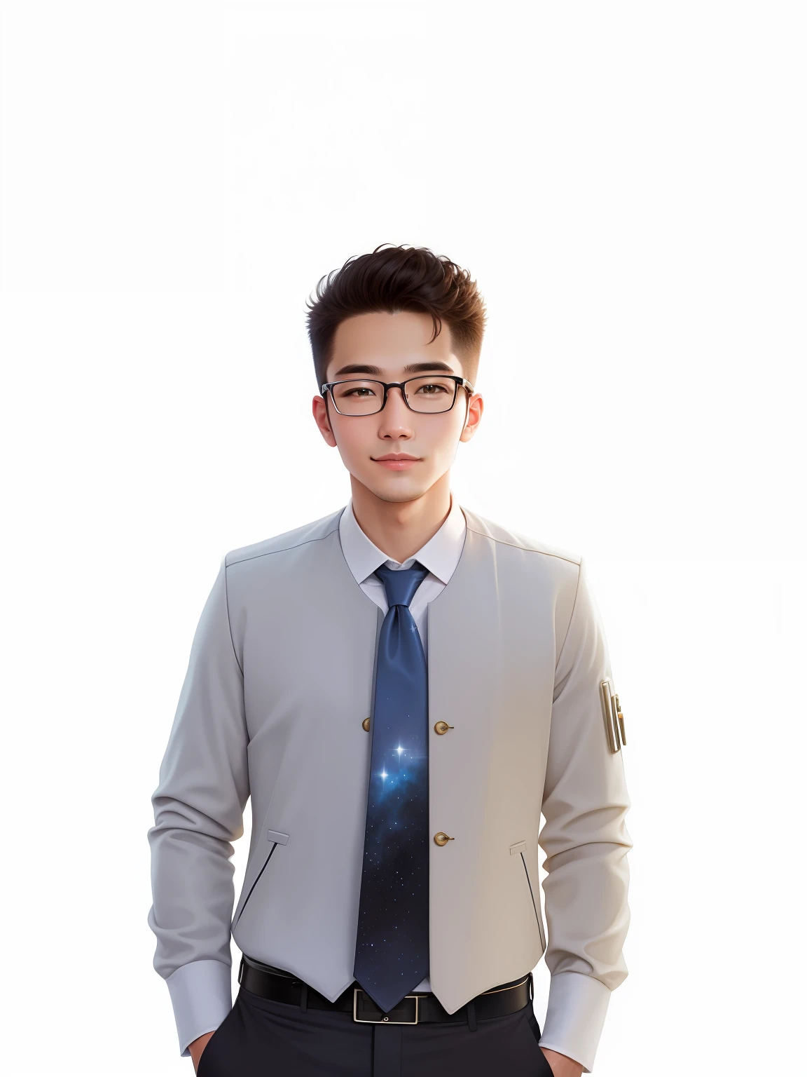 Starskrim，a portrait of a young man，sface focus，High-tech suits，short detailed hair，wears glasses，ssmile