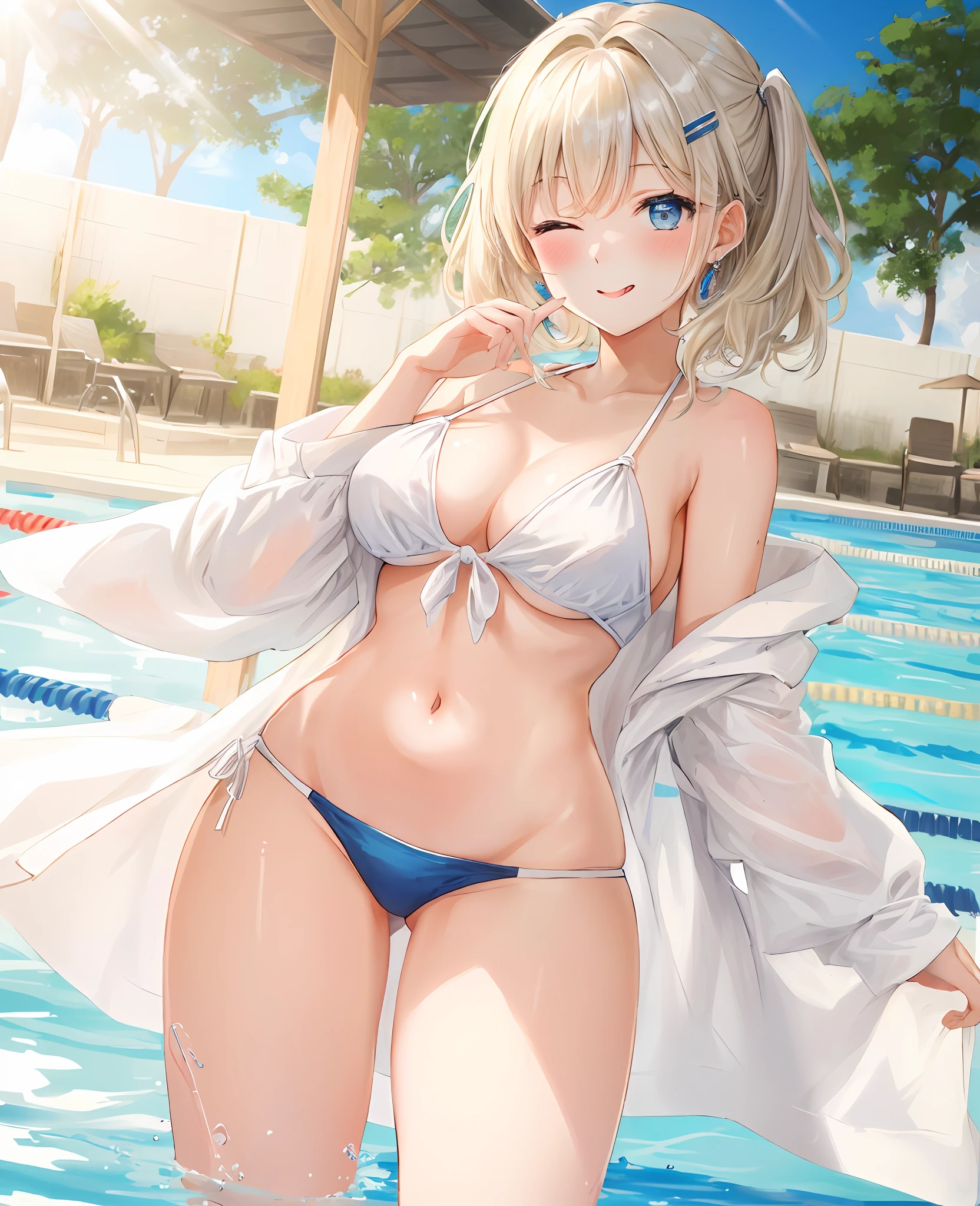 absurderes, hight resolution, (Official art, Beautiful and aesthetic:1.2), best qualtiy、(1womanl:1.8)、(独奏:1.7)、ultra-detailliert,bright colour, Anime Face、extremely beautiful detailed face and eyes,25-years old、(Lens Flare:1.4)、Shy laughter、(Platinum blonde short hair:1.4)、(low twintails:1.4)、Shiny hair、Medium Breasted、(Deep Blue Eyes:1.4)、Happy smile, shiny_skin,blush、put out the tongue,one eye closed,(hair clips), earrings, (swimsuit), Clothes, Beautiful cloud,blue sky,(pool:1.4)、(cowboy shot:1.3)、