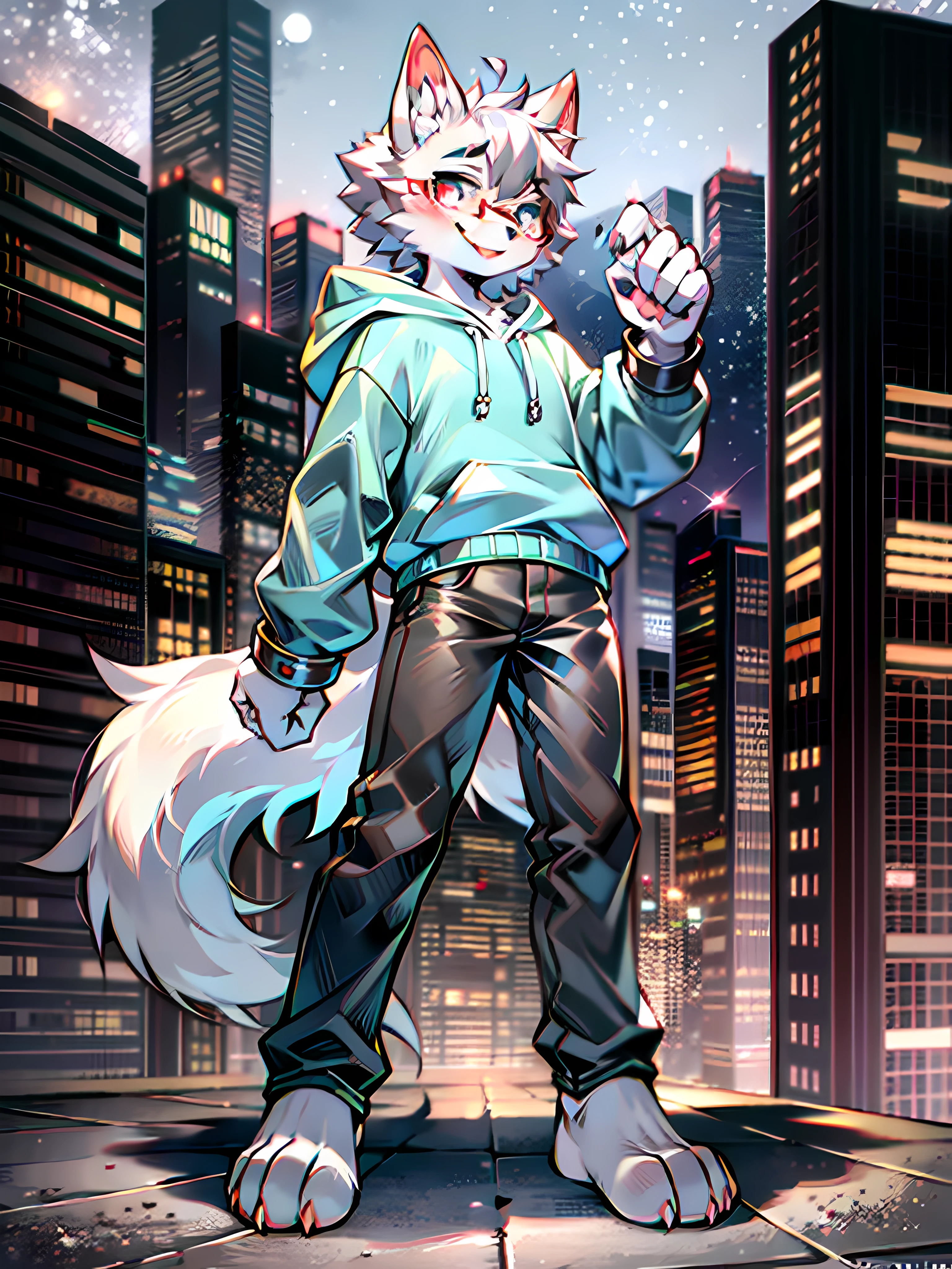 High Picture Quality,Modern city penthouse,potted,Night moon background,Single player,Wolf animal human form,No spot,male figure,Full body standing painting,Cute face,short detailed hair,Dark gray fur,Square frame rounded glasses,Wolf ears,Light gray ear roots,Light red ear tips,The right ear has a notch,Deep blue pupils,Hairy wolf tail,Deep gray tail root,White tail tip,Dark gray big arm,White forearm,Hands naturally droop,The limbs are wolf paws,4 white fingers,4 white toes,Look to the left,Happy expression,Height 1.92 meters,Sky blue hoodie,The cuffs roll up to reveal the big arms,Scratches on the left upper arm are exposed,black long pants,stand posture。