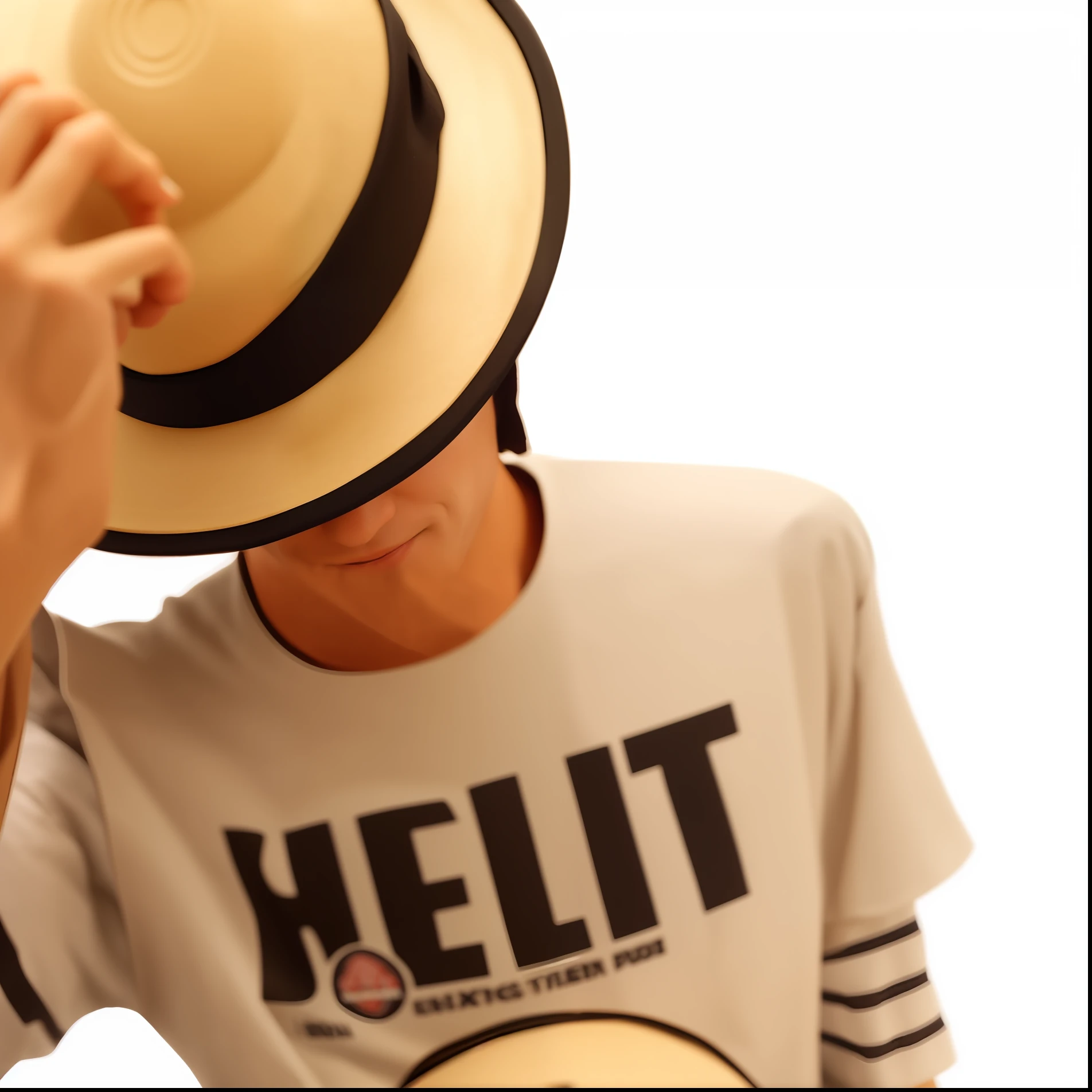 There was a man wearing a hat and a shirt, with straw hat, with hat, wearing straw hat, bucket-hat, hand holding cap brim, baggy clothing and hat, looking heckin cool and stylish, he's wearing a hat, White straw flat-brimmed hat, Straw hat, melted, sailor outfit, in a medium full shot, advertisement picture
