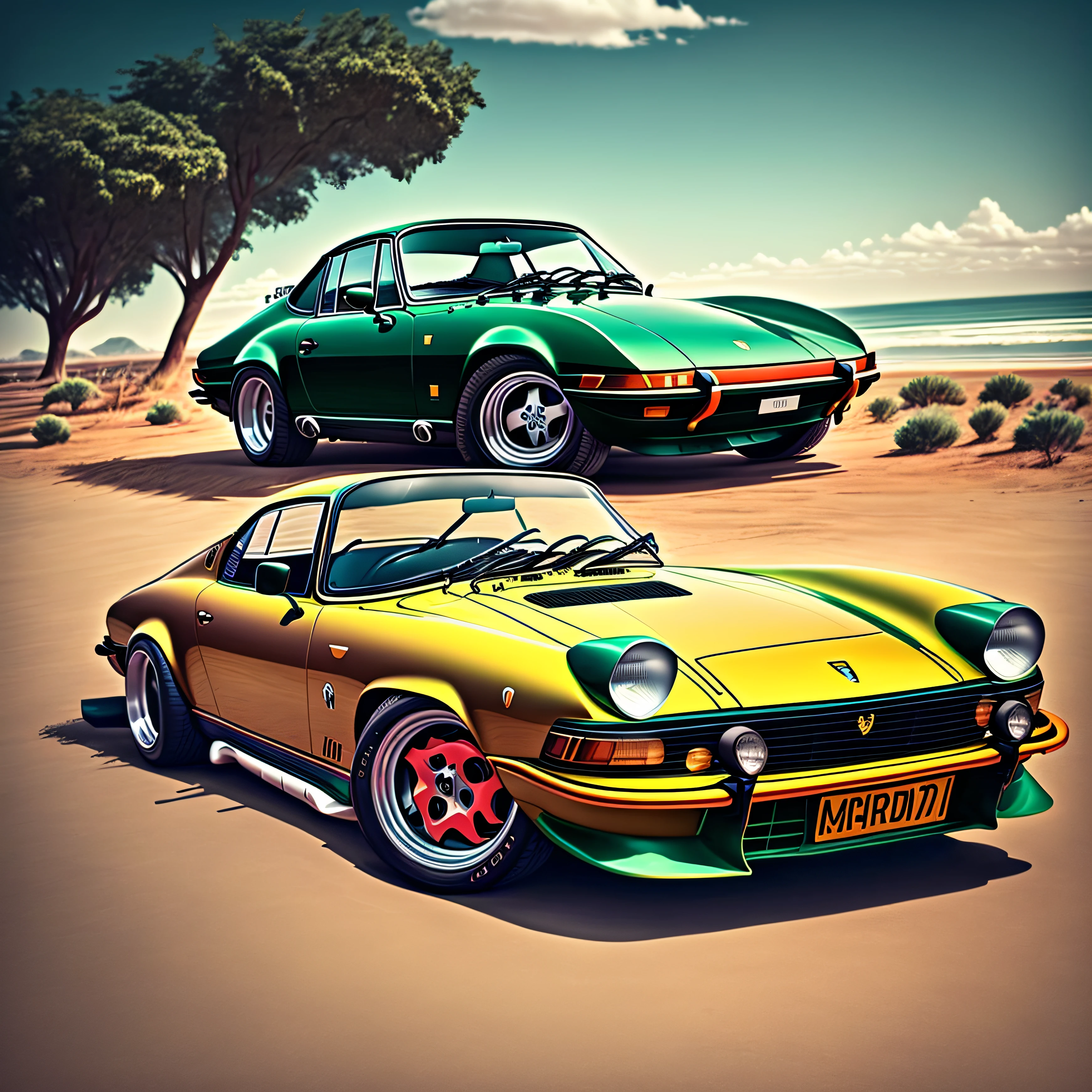 Uma imagem emoldurada de um Porsche 914 colorido da Ferrari --auto
