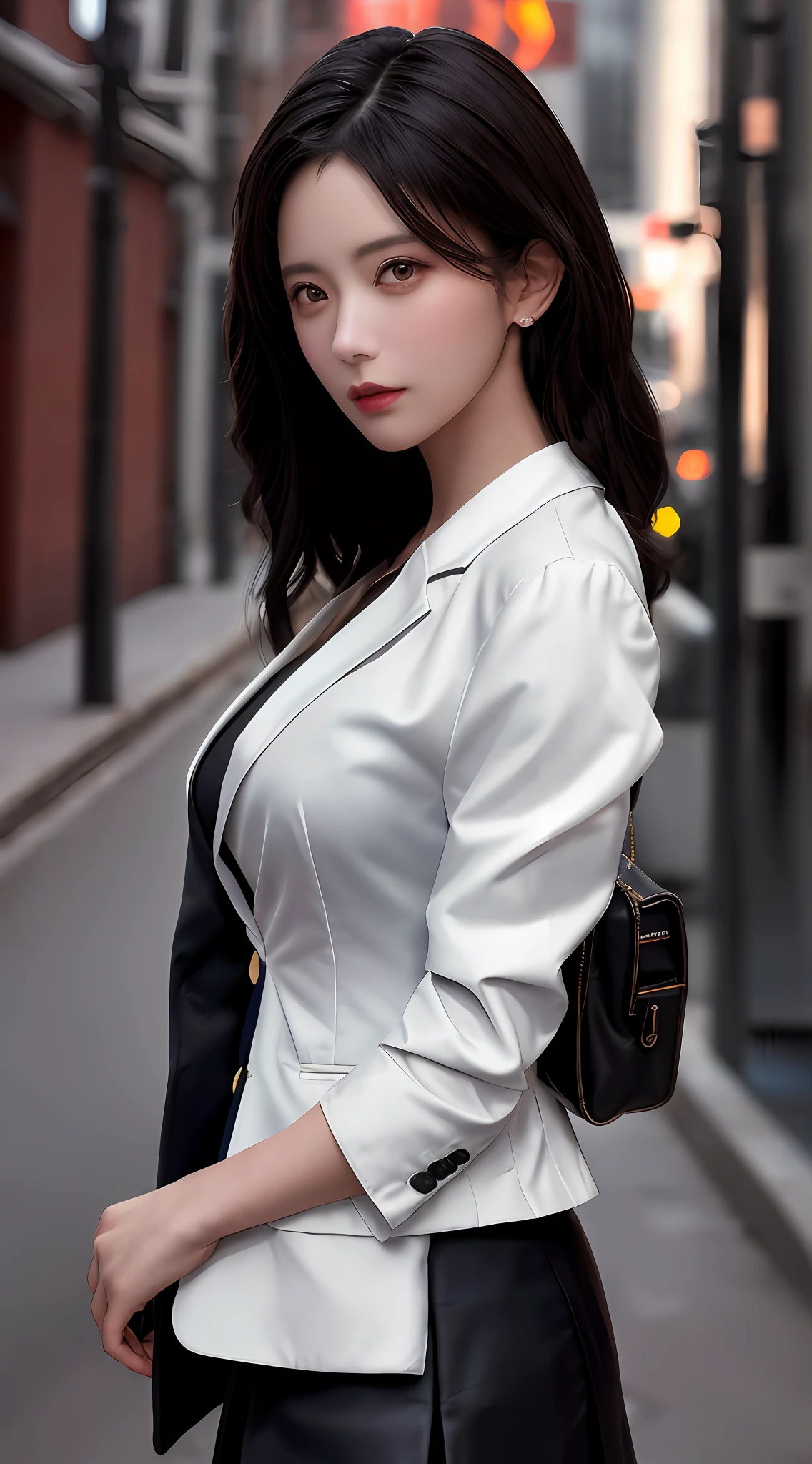 best quality, masterpiece, 1girl, Beautiful face, (photo realistic:1.3), rim lighting, (high detailed skin:1.2), 8k uhd, dslr, high quality, high resolution, 4k, 8k, Bokeh, absurdres, best ratio four finger and one thumb, (realistic:1.3), cute 1girl, wearing black formal blazer, medium breasts, short skirt,