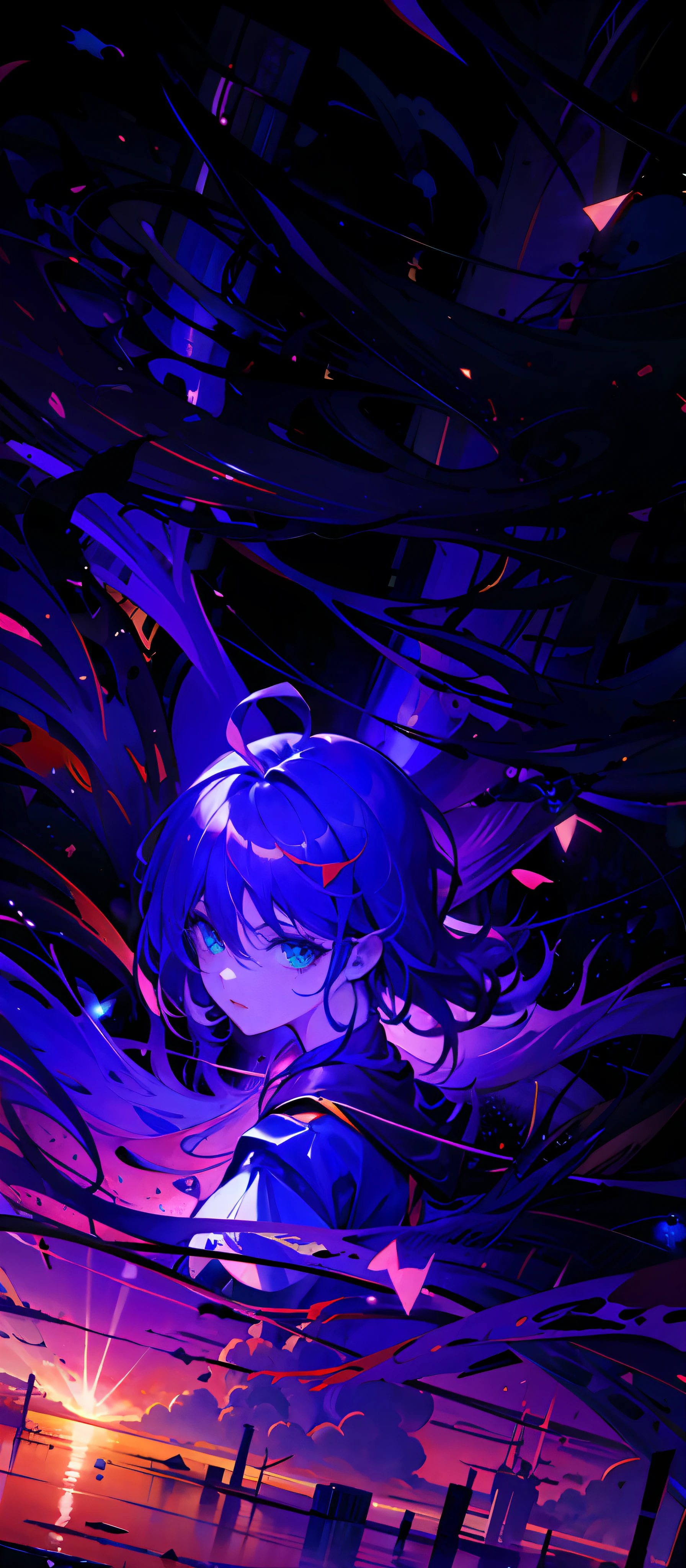 Menina anime com cabelo roxo e olhos azuis em um fundo roxo e preto, arte oficial, estilo anime 4K, night core, arte abstrata de anime, Estilo de arte ufotable, anime moe artstyle, Anime Art Wallpaper 4K, Anime Art Wallpaper 4K, Anime Art Wallpaper 8K, Papel de parede anime 4k, 4k anime wallpapers, Anime Wallpaper 4k