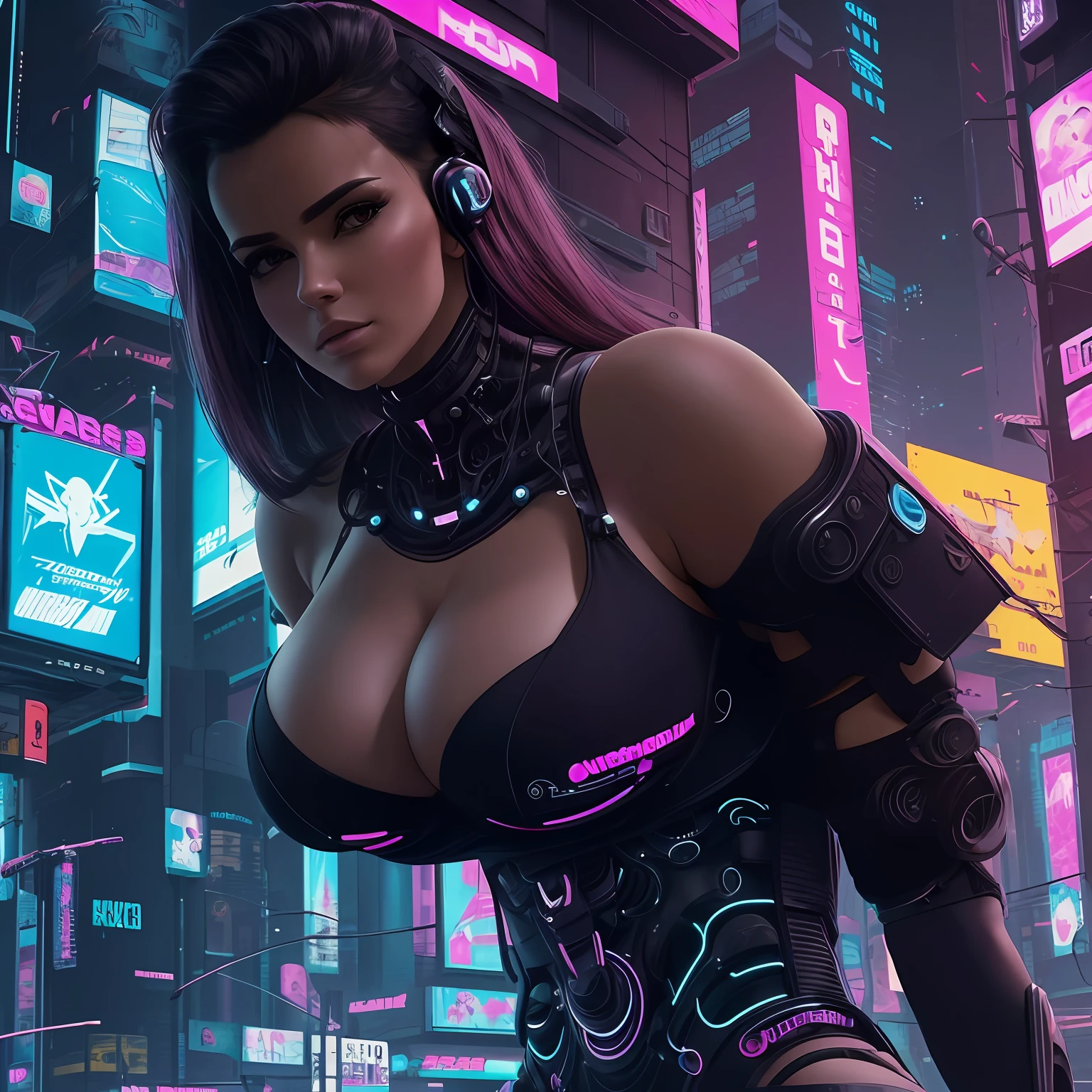 mulher ((ciborgue)), obra prima, ((bunda grande)), ((peito grande)), {cabelos rosa}, rosto perfeito, corpo perfeito, 8k, imagem perfeita, ((realista)), Futuristic setting ((Cyberpunk)), MULHER SEXY, Exciting positions,