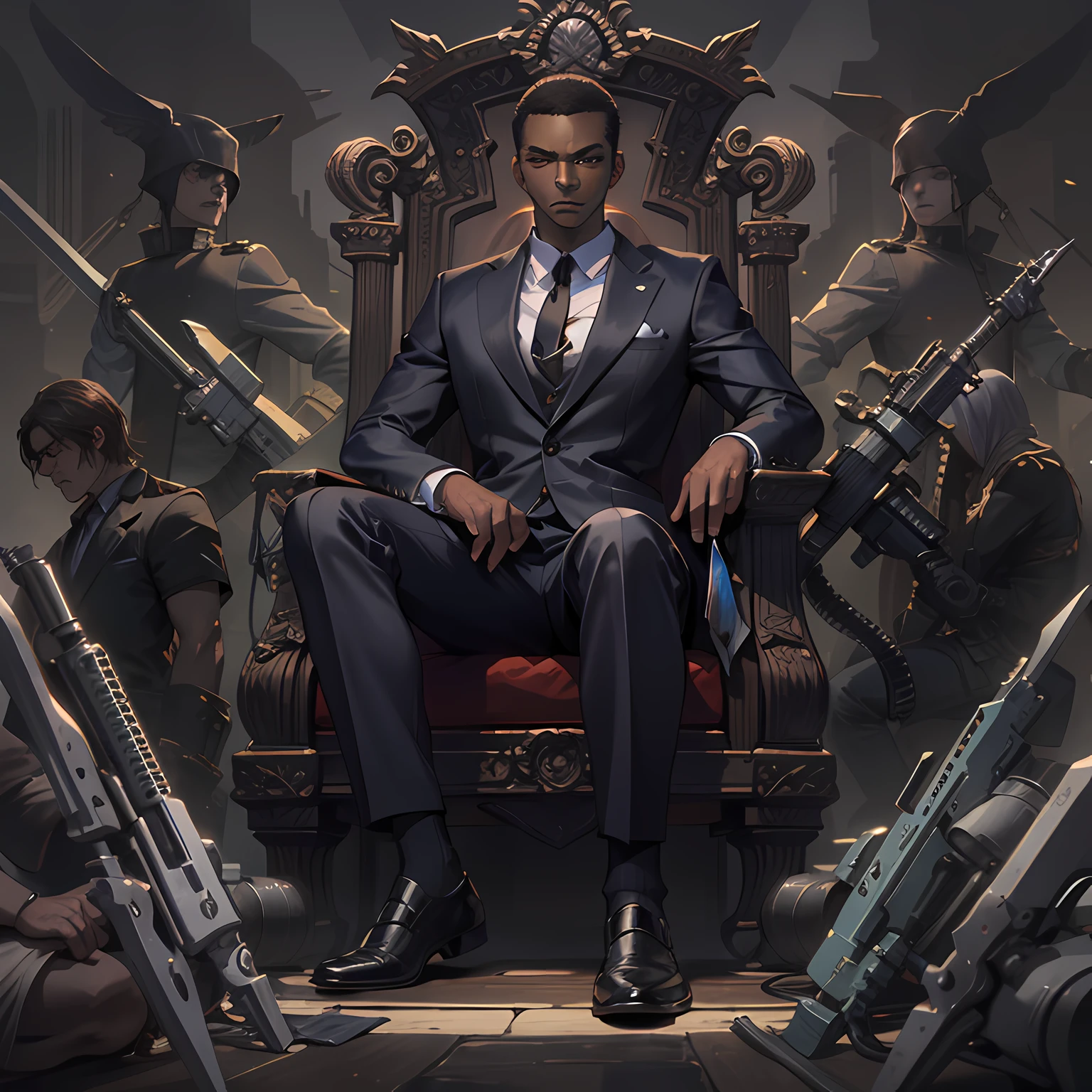 a masterpiece, 1 male, young adult, dark skin, short, low hair, dark eyes, detailed face, good shape, photorealistic, american likes, wearing black suit with tie, with long black coat, sitting on a throne made of weapons, legs crossed, epic stance, good looks, serious face, gray backdrop, looking to the front, good face, no errors
