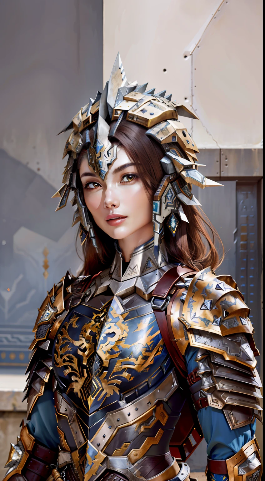 Beautiful face，Armour，Metal animal motif，Large metal beast head and shoulders armor，Metal edges，Textured，Pattern，Pedras preciosas，Refinement，Fine painting，Refinement，infinite details