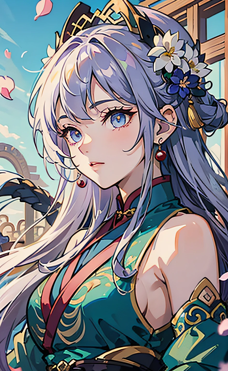 chinesedragon，blue-sky，fly，Mature girl around people ，Purple eye，Blue-white hair color，Floating hair，Delicate and agile eyes，Intricate damask hanfu，Gorgeous accessories，Wearing pearl earrings，fov，f/1.8，tmasterpiece，Ancient Chinese architecture，blue-sky，Petals flying，Frontal portrait shot，Chang'e，Side lighting，The sun shines on people，8K