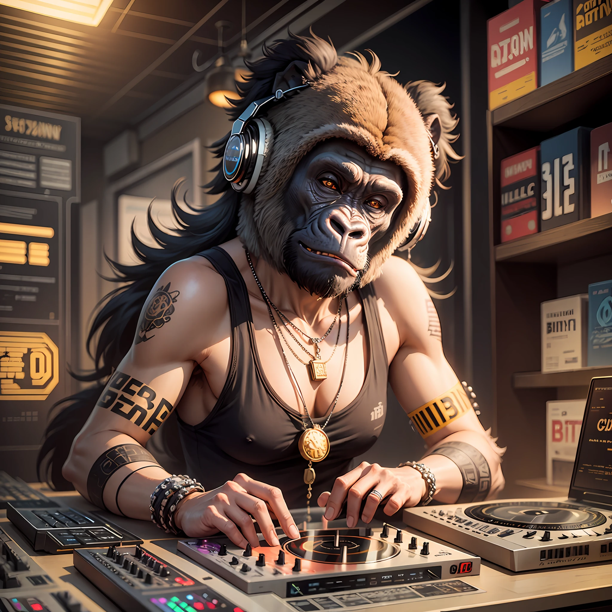 (nvinkpunk:1.2) (snthwve style:0.8) Gorilla dj, bitcoin necklace, anthro, lightwave, sunset, intricate, highly detailed --auto --s2