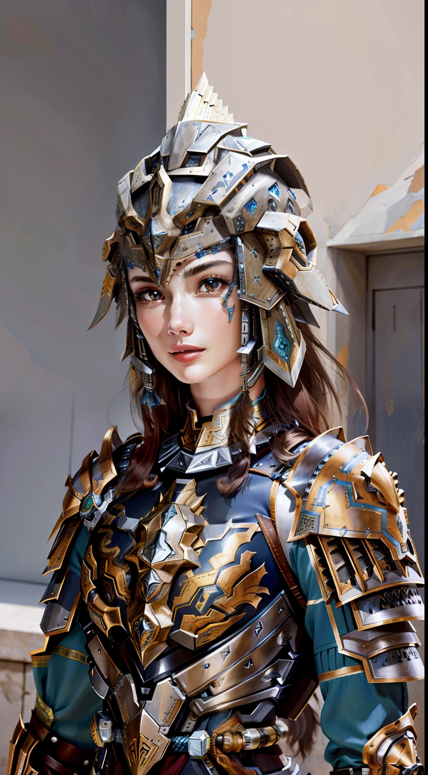 Beautiful face,Armour,Metal animal motif,Large metal beast head and shoulders armor,Metal edges,Textured,Pattern,Pedras preciosas,Refinement,Fine painting,Refinement,infinite details