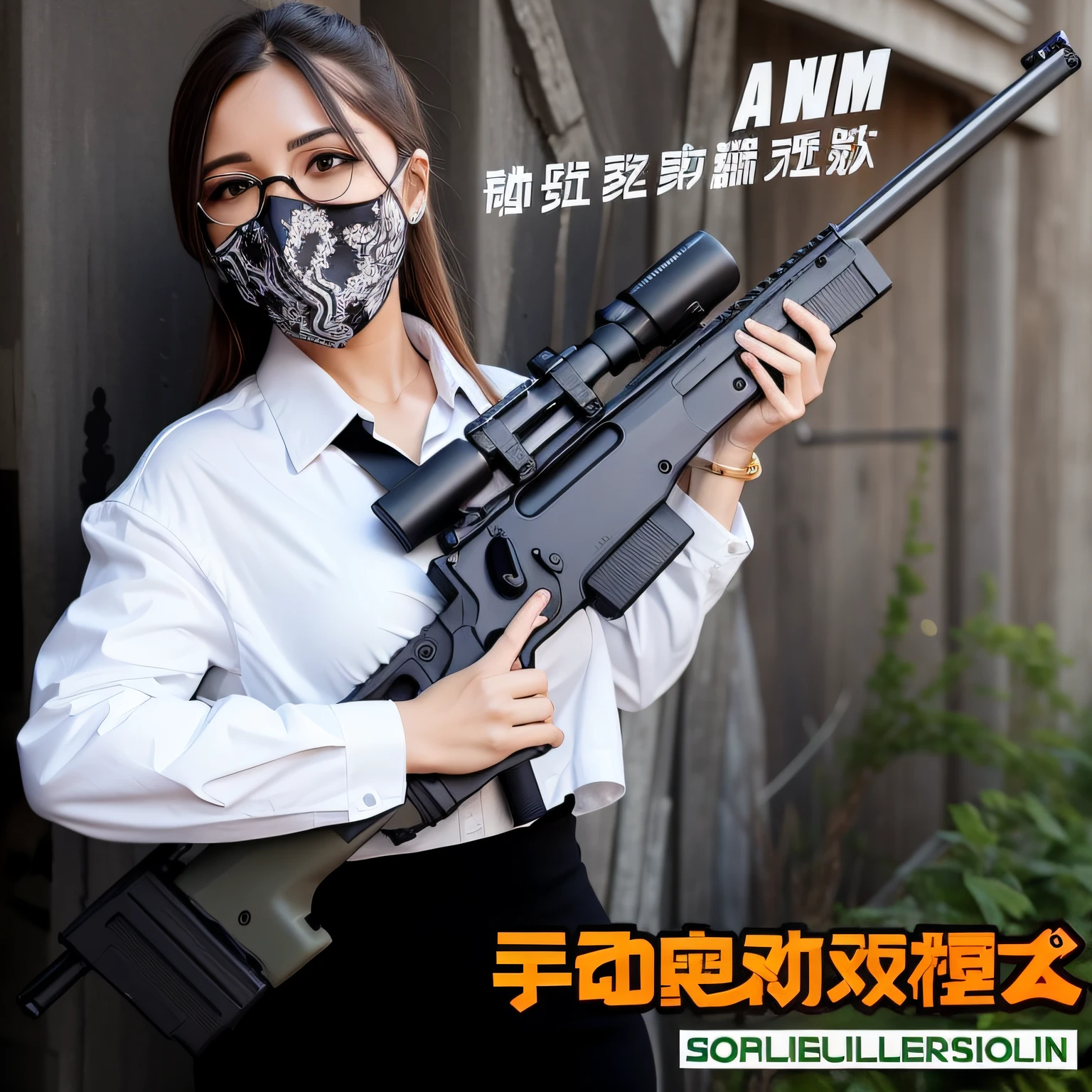Woman in white shirt with gun,no mask on, with rifle, arma