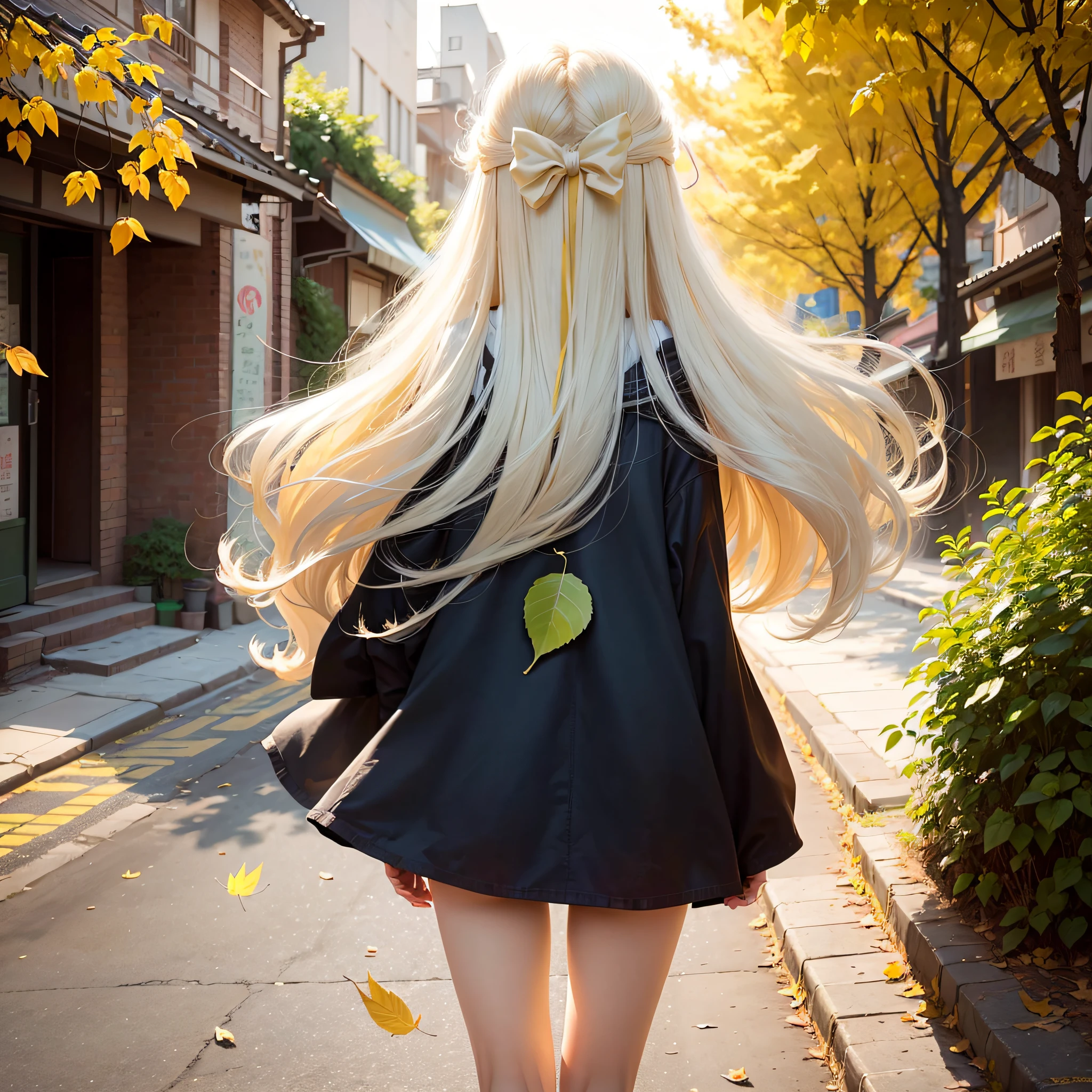 The back of the girl，The girl is in the distance，The girl is in the center of the picture，the street，long whitr hair，Retro，nostalgia。Street，yellow tint。falling leaf，Anime style --auto