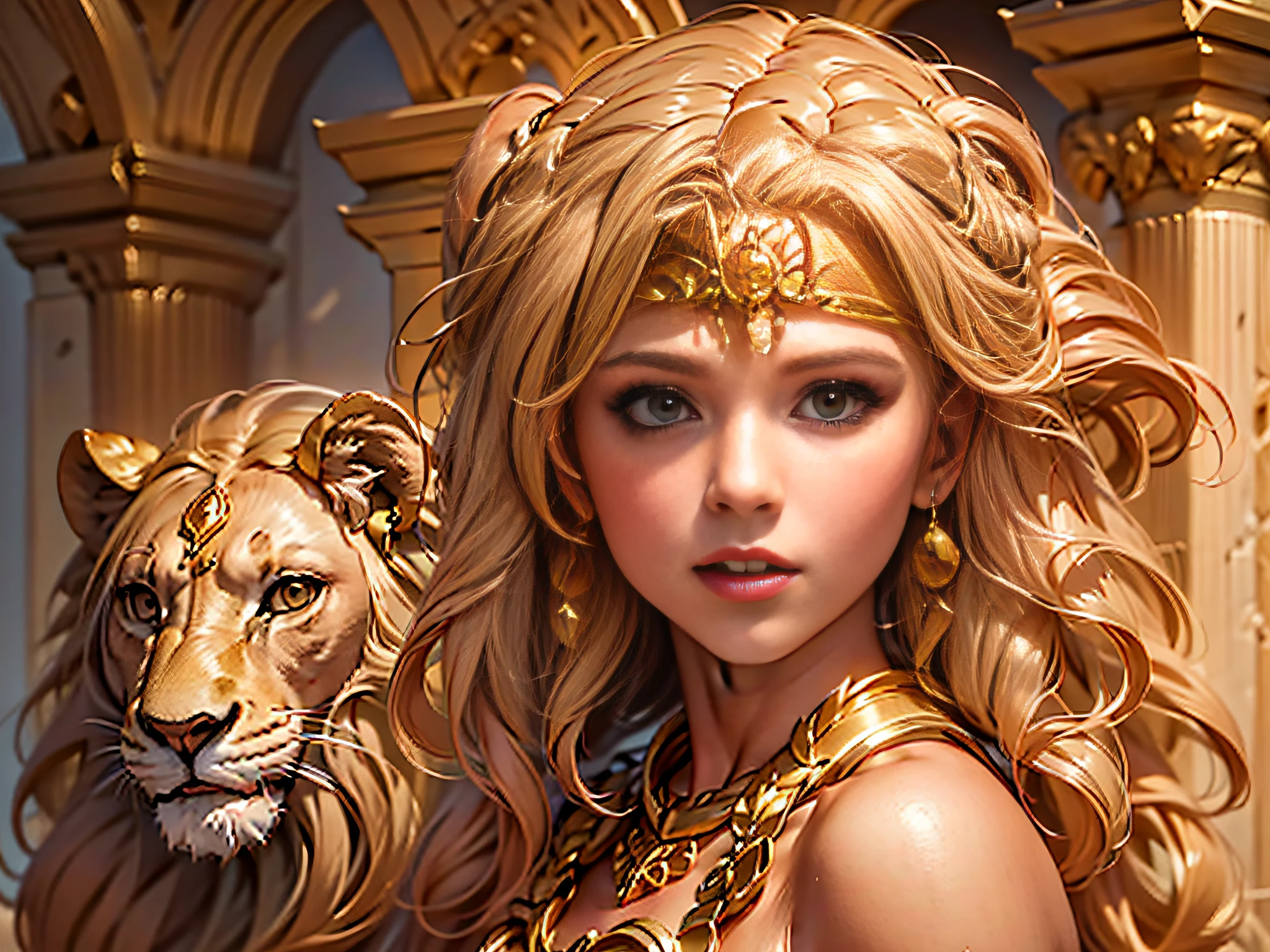 A Leo blonde girl with teeth and claws，The head is decorated with lion's ears，Has a lion's tail，He was covered in golden armor，Stand under the walls of ancient Greece