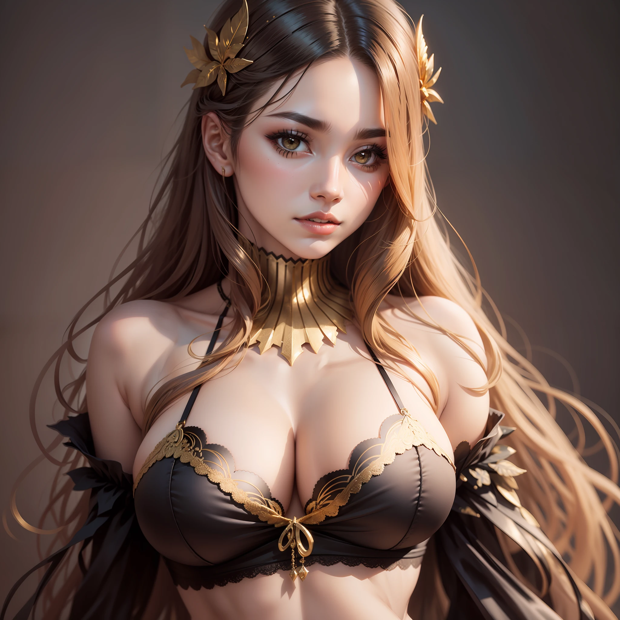 gold lingerie, black long hair, big breast, half body, ultra realistic,