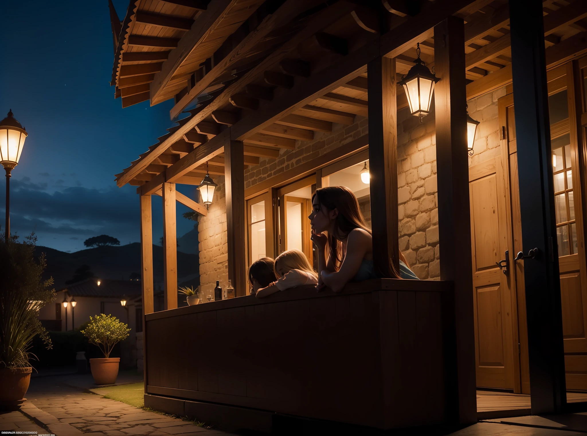 Rapaz conversando com duas meninas, frontal view, noite escura, cidade pequena, casas, postes de madeira, lampadas nos postes, 8k, maximum detailed, alta qualidade