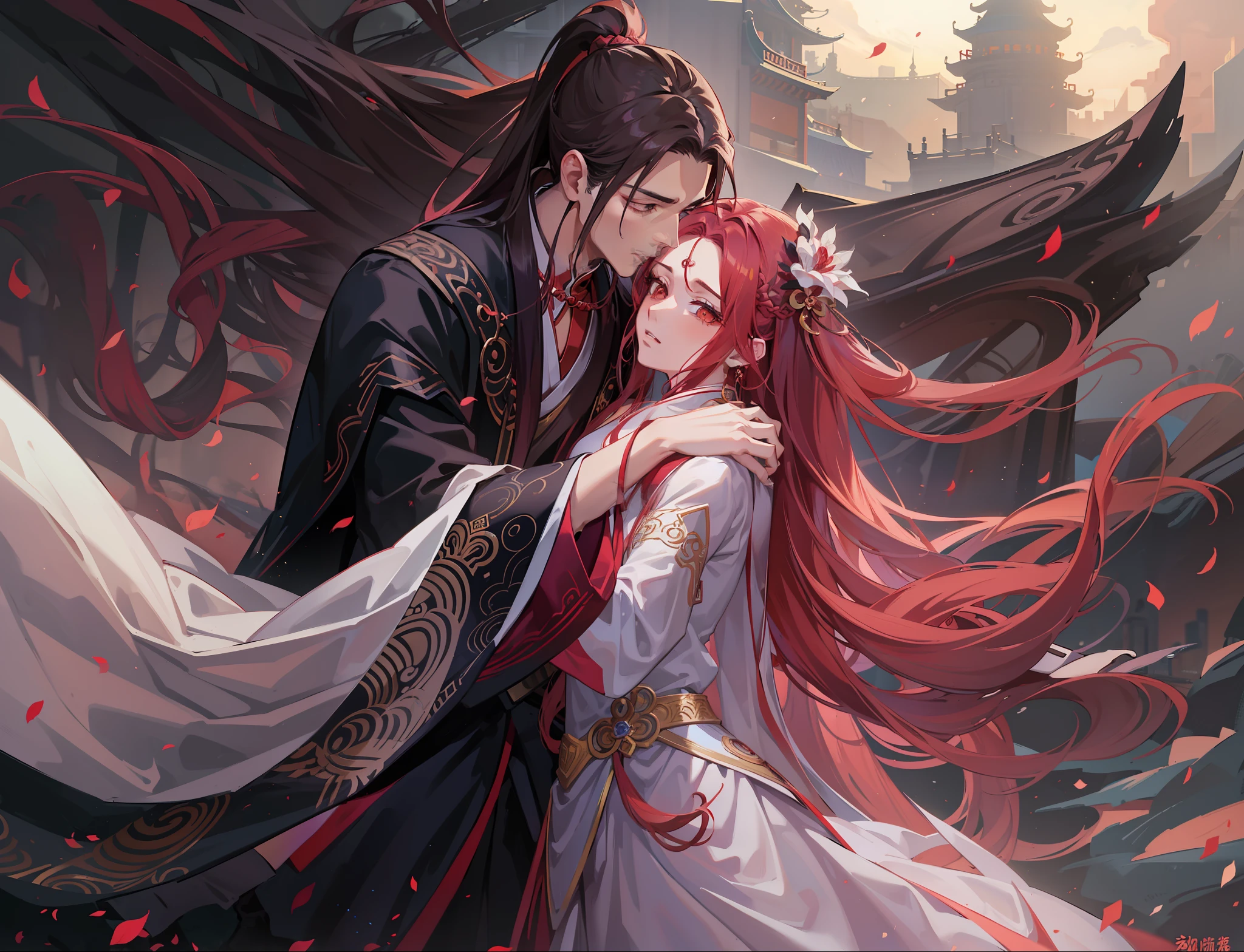 couple, man and woman, extremely handsome guy with long brown hair and black and red outfit and no facial hair, extremely beautiful woman with long pink hair and white clothing, xianxia clothing, xianxia, fantasy, wuxia, dramatic and romantic pose, dramatic lighting, dramatic and dynamic angle, masterpiece, best quality