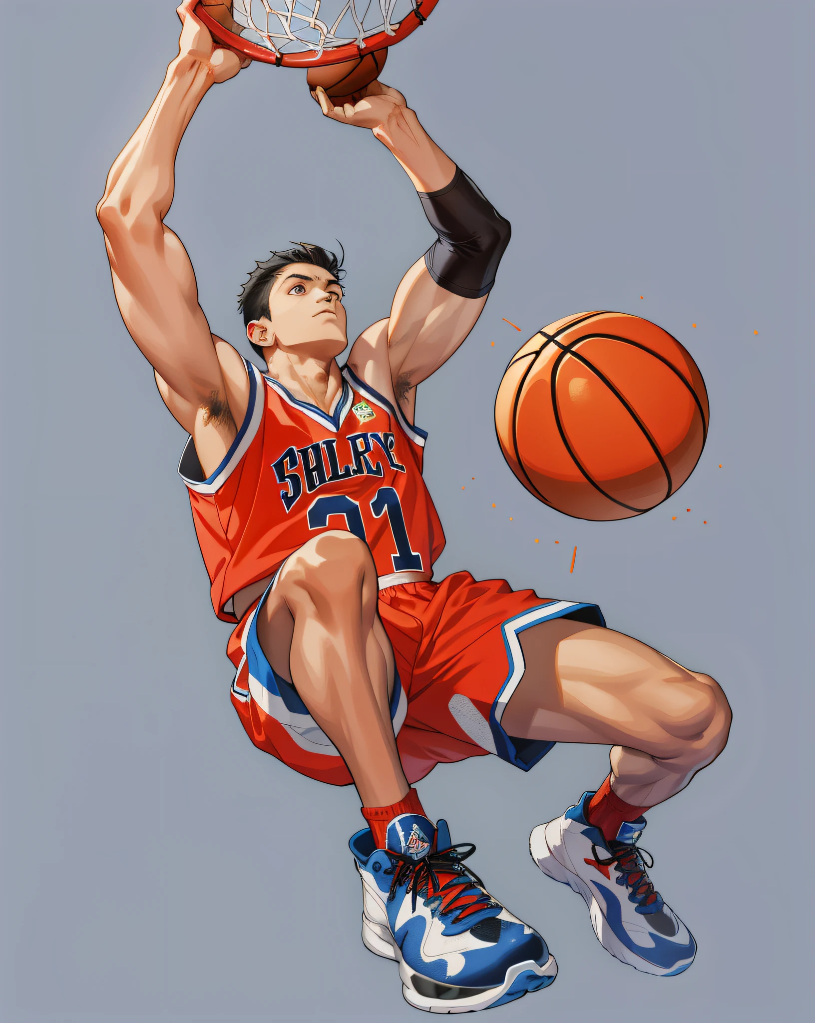 (absurderes, A high resolution, ultra - detailed), 1 man, rays of sunshine, There is a manhood, tall muscular, Handsome, finely quality eyes, Complicated details, sportrait, (bloody scars:0.7), Jump up and dunk, 独奏, (full bodyesbian:0.6),detailed back ground，closeup cleavage，A determined expression，Dynamic posture，Slam dunk in Japanese manga，A boy wearing a red jersey and sneakers，Very handsome，Hair tied up，Jump high，Dunk in a dunk action，Vector graphics，Flat coating，pop-art，Encaustic painting，detail-rich，The painting style is refreshing，Professional illustration、 A beautiful basketball，The texture is clear，Local Q printing，Rounded，Flat coating，detailed meticulous，oil painted，Paint every intricate detail with an oil brush on a smooth canvas，NBA men's basketball，Catch the ball with open arms，hiqcgbody，Lens 135mm，f 1，